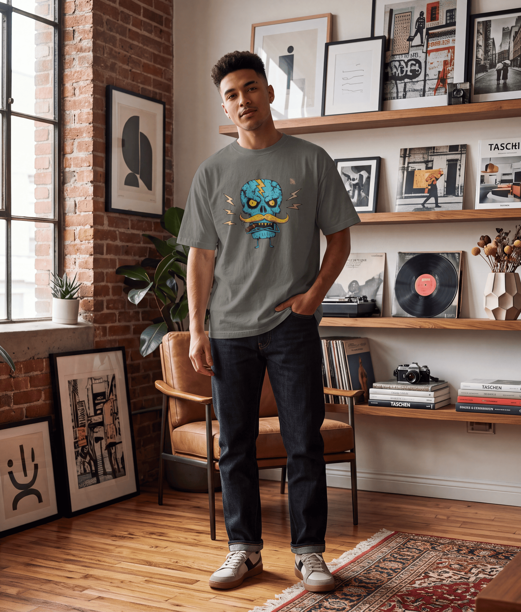 A man wearing a grey crewneck t-shirt with a colourful graphic of a blue and yellow skull, paired with dark jeans and white sneakers, standing in a modern loft room with brick walls, wooden shelves, and framed art.