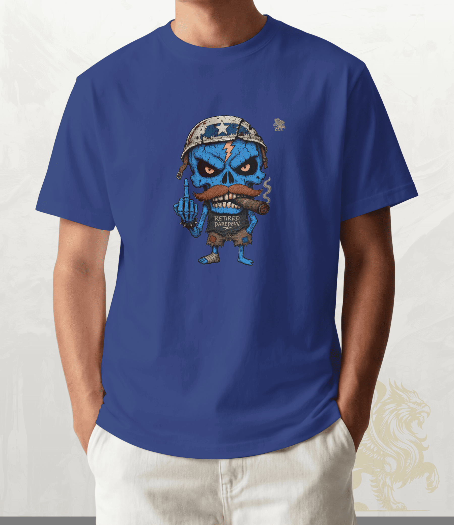 a cartoon graphic of a blue skull character in a military helmet holding a cigar, paired with off-white pants.