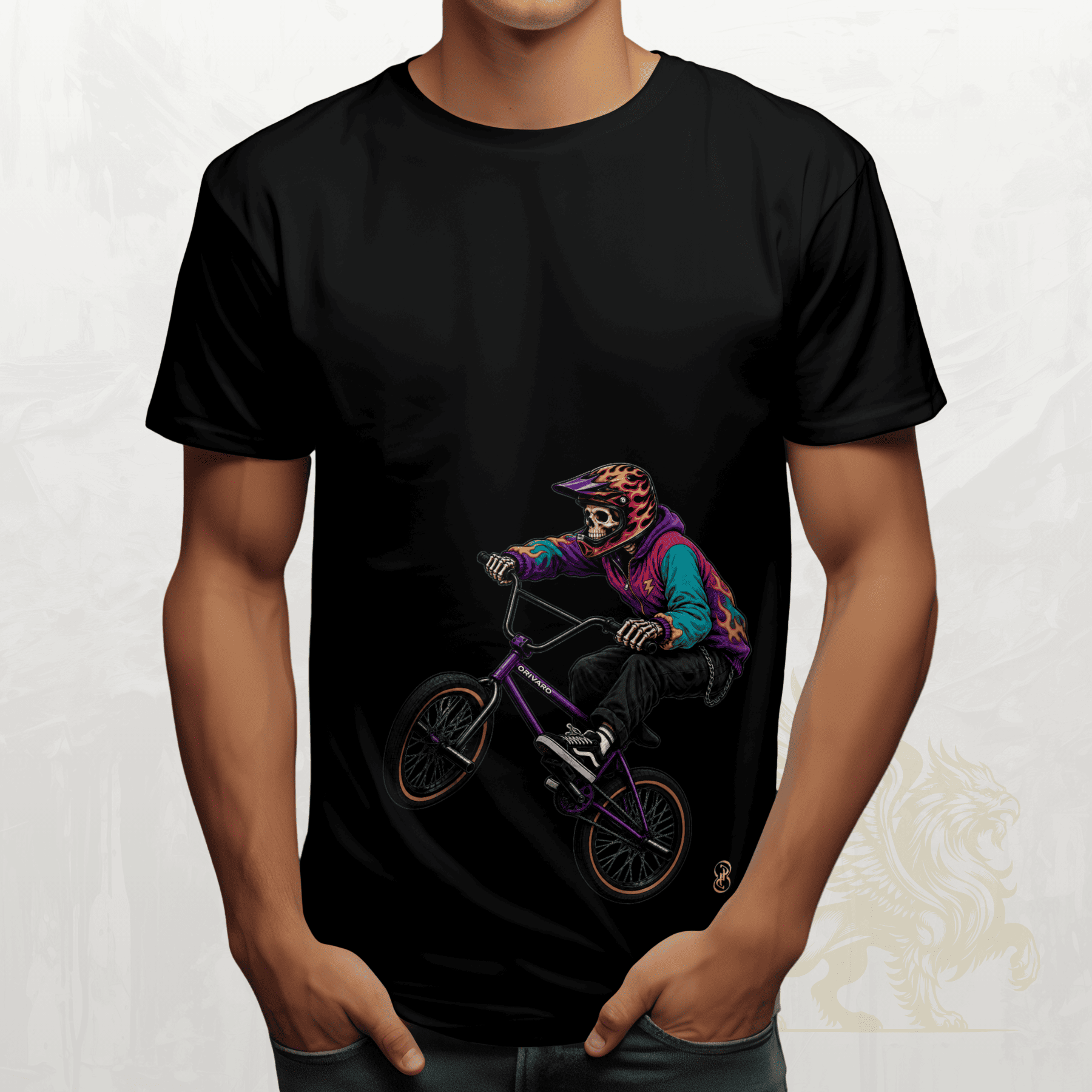 Black t-shirt with a graphic of a person on a bike and colorful helmet on a white background