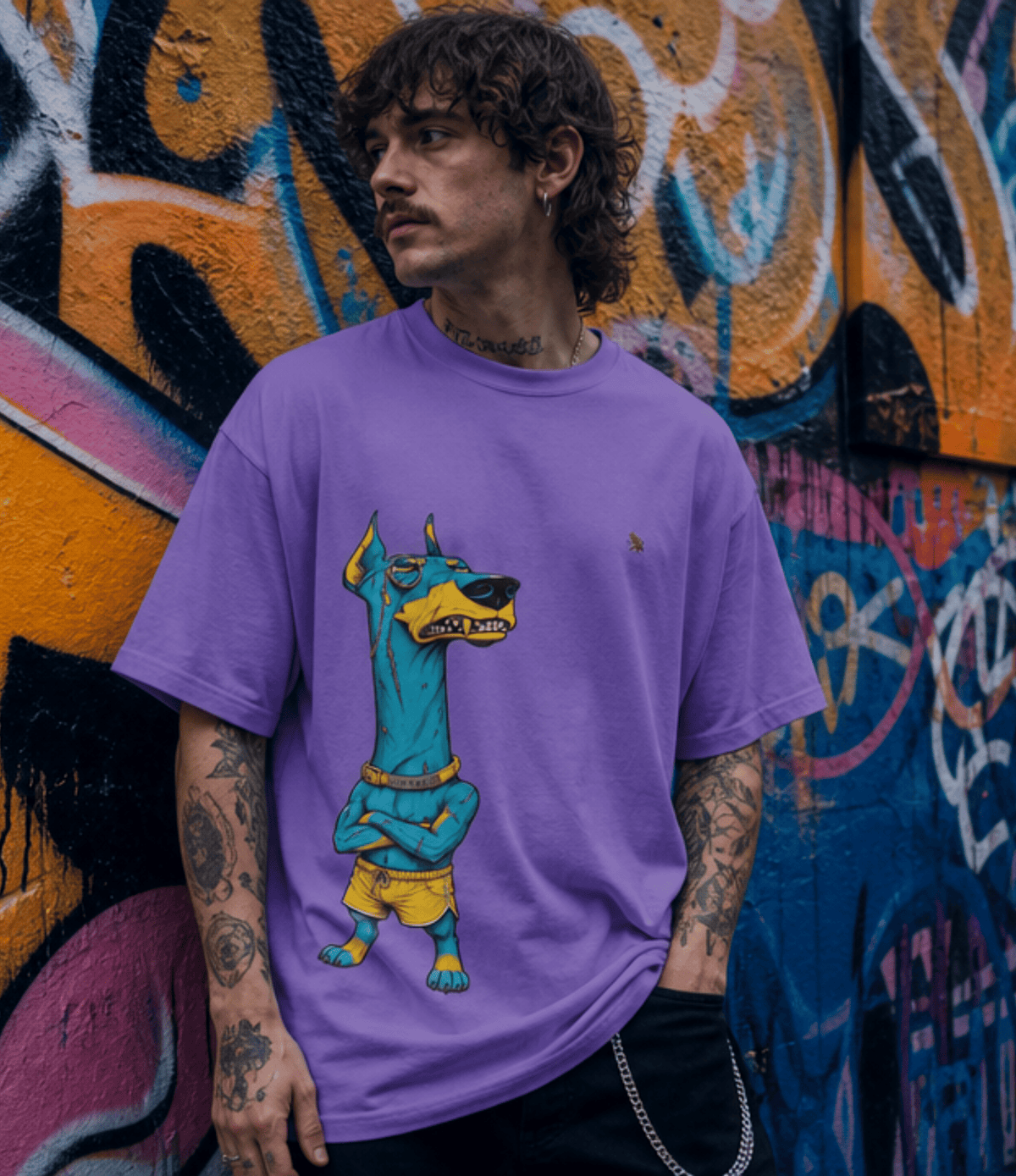 A man with curly hair and tattoos wearing a purple t-shirt with a cartoon graphic of a blue dog wearing yellow shorts, standing in front of a graffiti-covered wall.