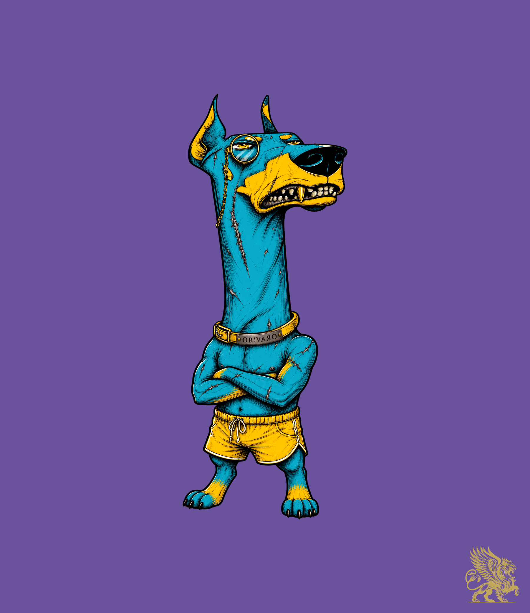 A stylized cartoon illustration of a Doberman dog standing upright with arms crossed, wearing yellow shorts, on a solid purple background. A small gold lion logo appears in the bottom-right corner.