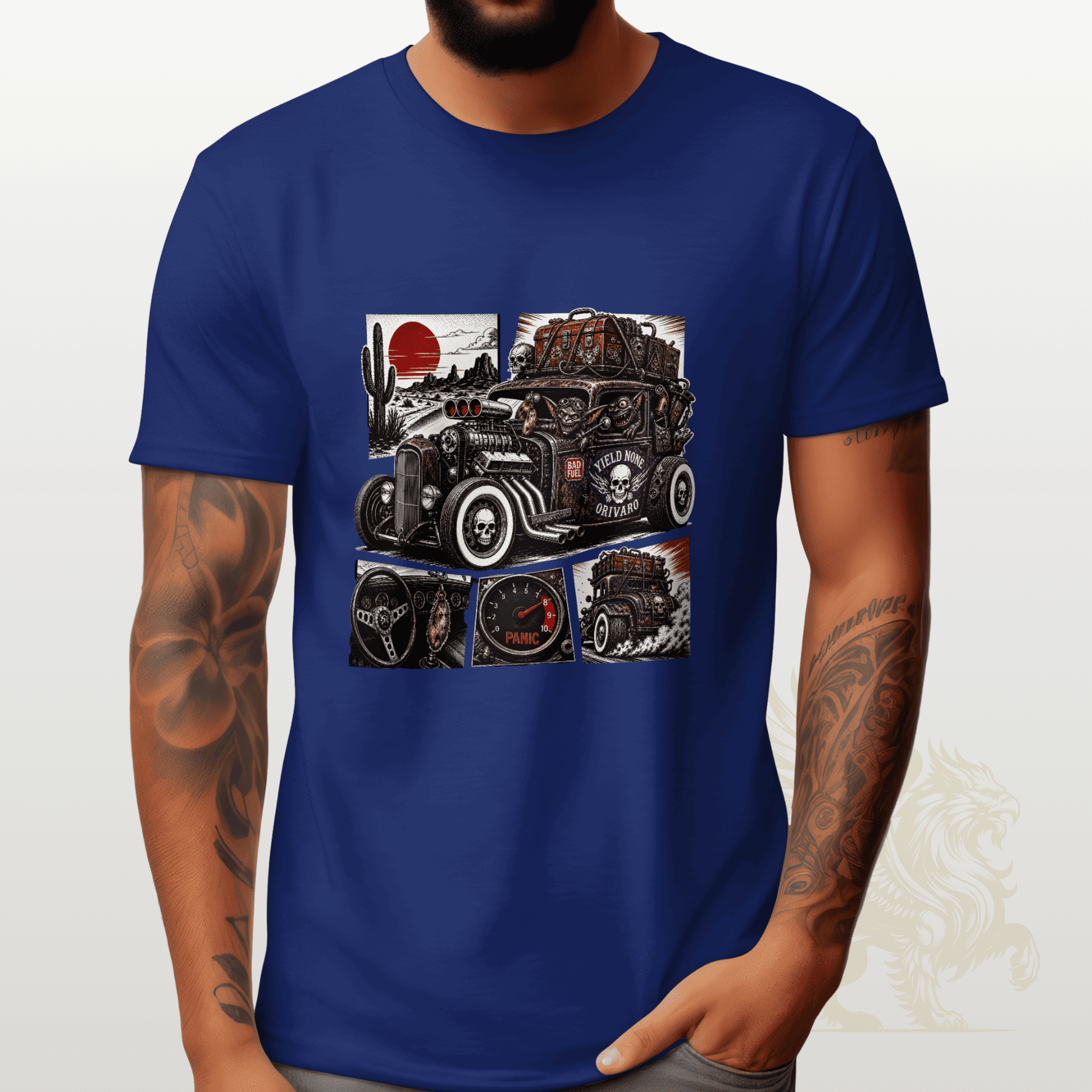 Navy blue t-shirt with a vintage truck graphic worn by a person on a white background