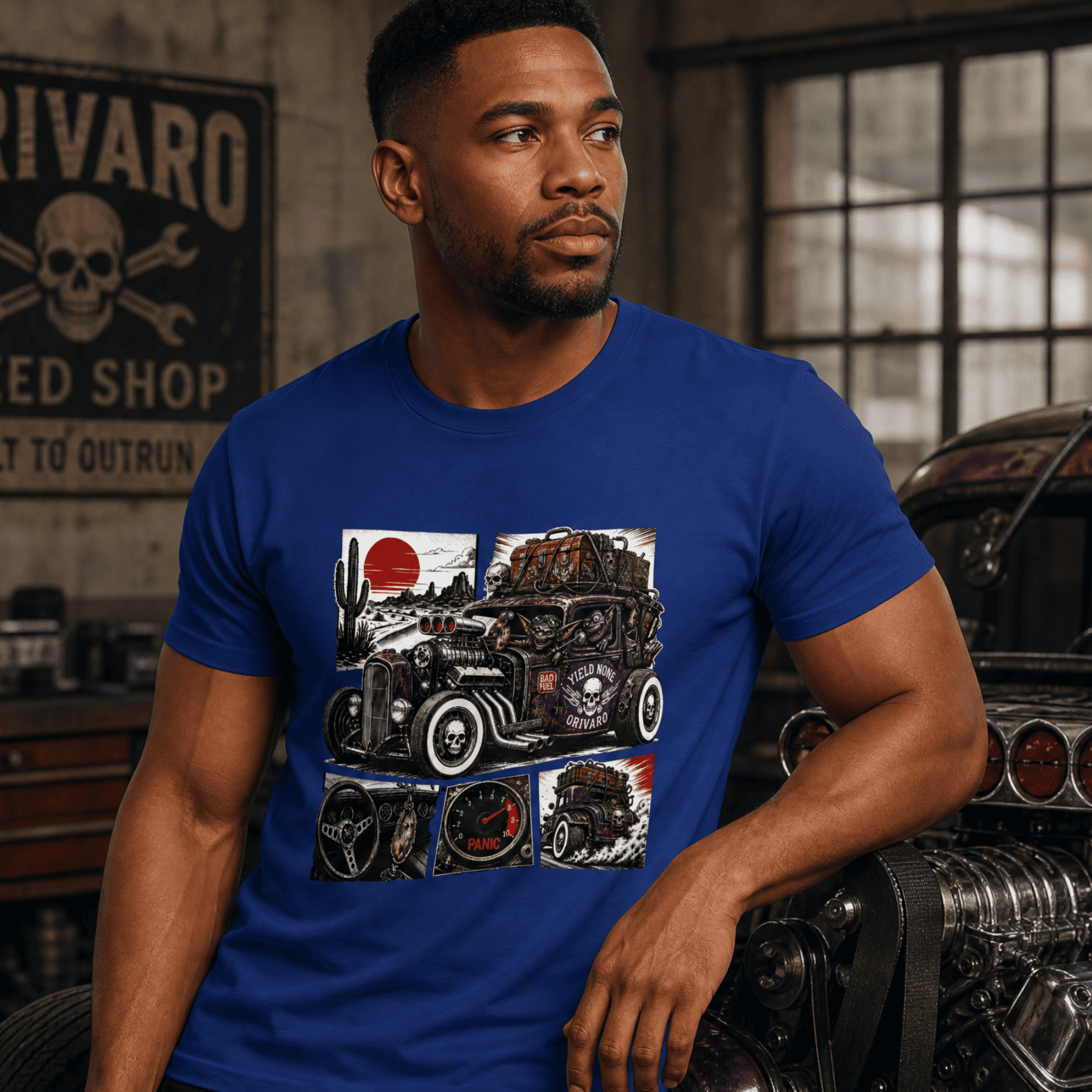 Man wearing a blue t-shirt with graphic designs in a workshop setting