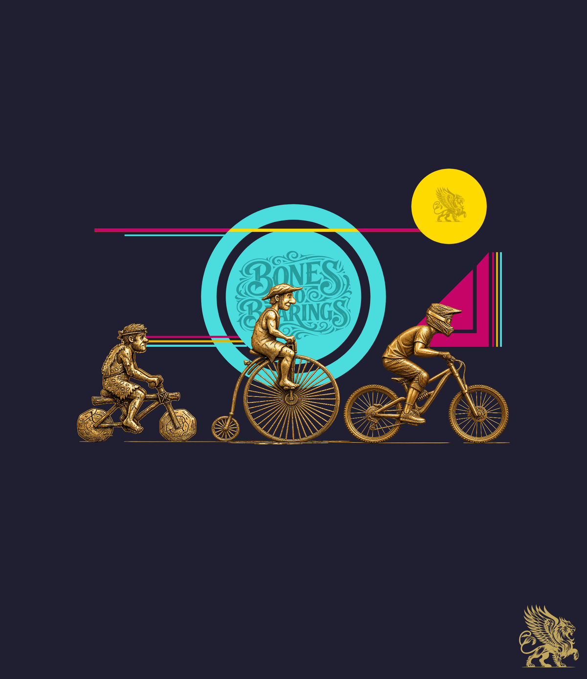 A stylized graphic print featuring three golden cyclist figures in vintage riding poses, with a large turquoise circle reading 'Bones of Bruges' in the center, a yellow sun, and geometric accents on a dark navy background.