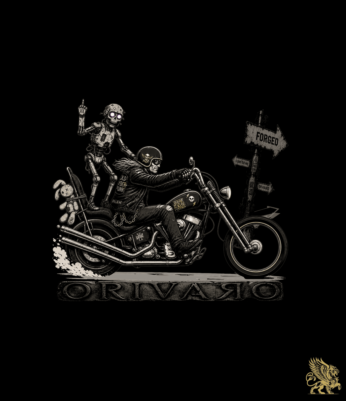 A black-and-white graphic illustration of a skeleton robot rider on a chopper motorcycle with a second skeleton figure behind, set against a solid black background. The word 'ORIVARO' appears in stylized lettering beneath the motorcycle, and a small gold crest is visible in the bottom-right corner.