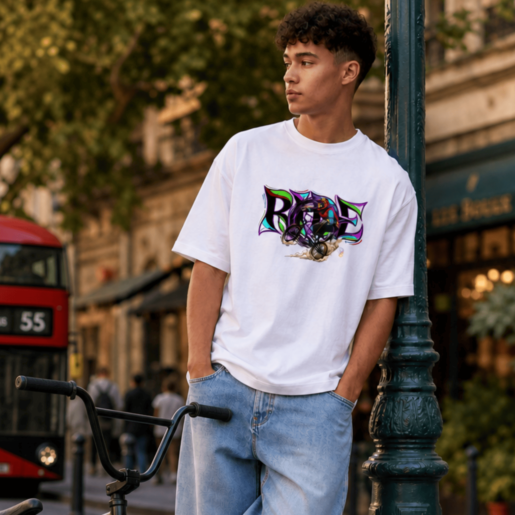 A young man wearing a white graphic t-shirt with a colourful 'RIDE' design and light blue jeans, standing outdoors next to a dark green lamppost with a blurred city street background.