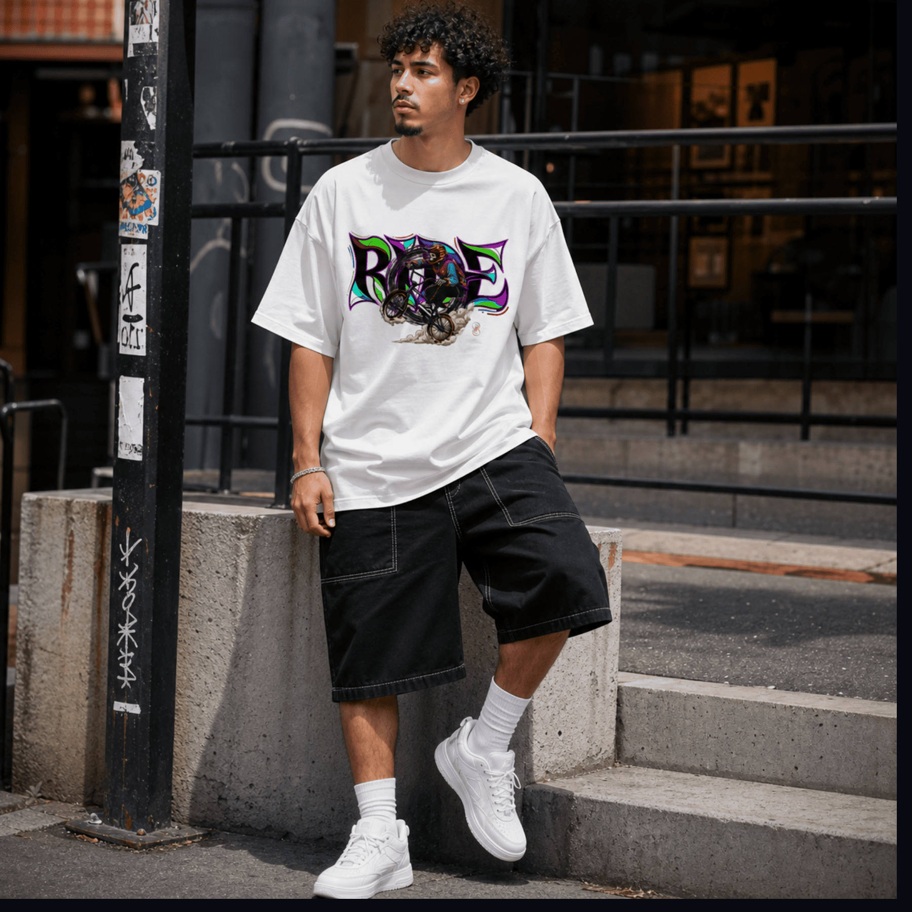 A man wearing a white graphic t-shirt with a colourful 'RIDE' design, black shorts, white socks, and white sneakers, standing outdoors on concrete steps next to a black metal pole.