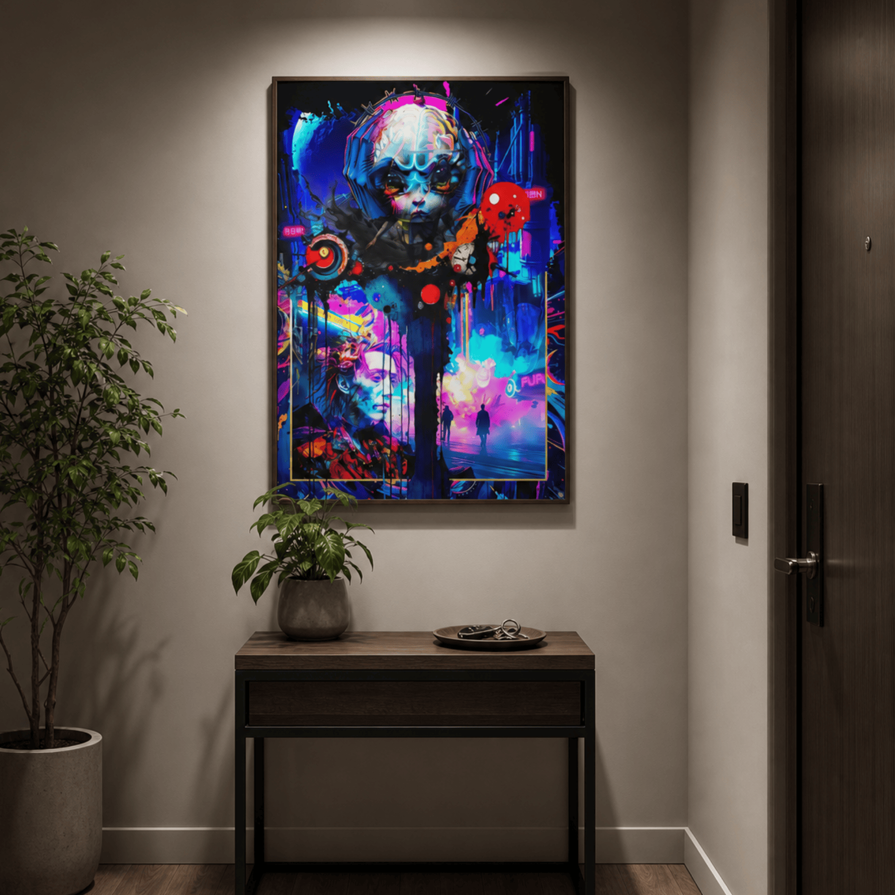 Abstract art on the wall in a hall way. The abstract art shows a face that melts into bright colours and other faces and people.