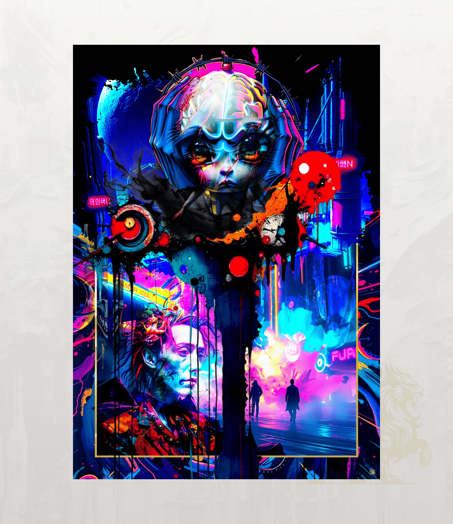 A vertical art print featuring a vibrant, colourful cyberpunk illustration with neon lights, dripping paint effects, and surreal faces, displayed against a light textured background.