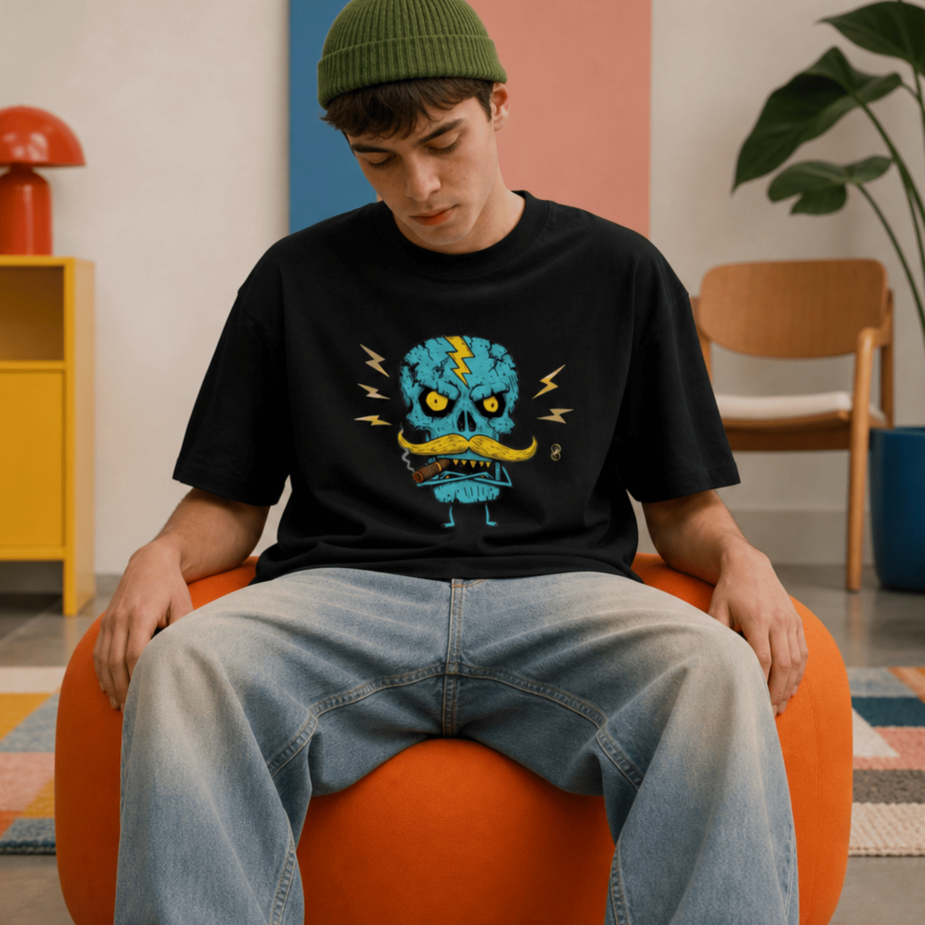 Person wearing a black t-shirt with a graphic design sitting on an orange ball in a room.