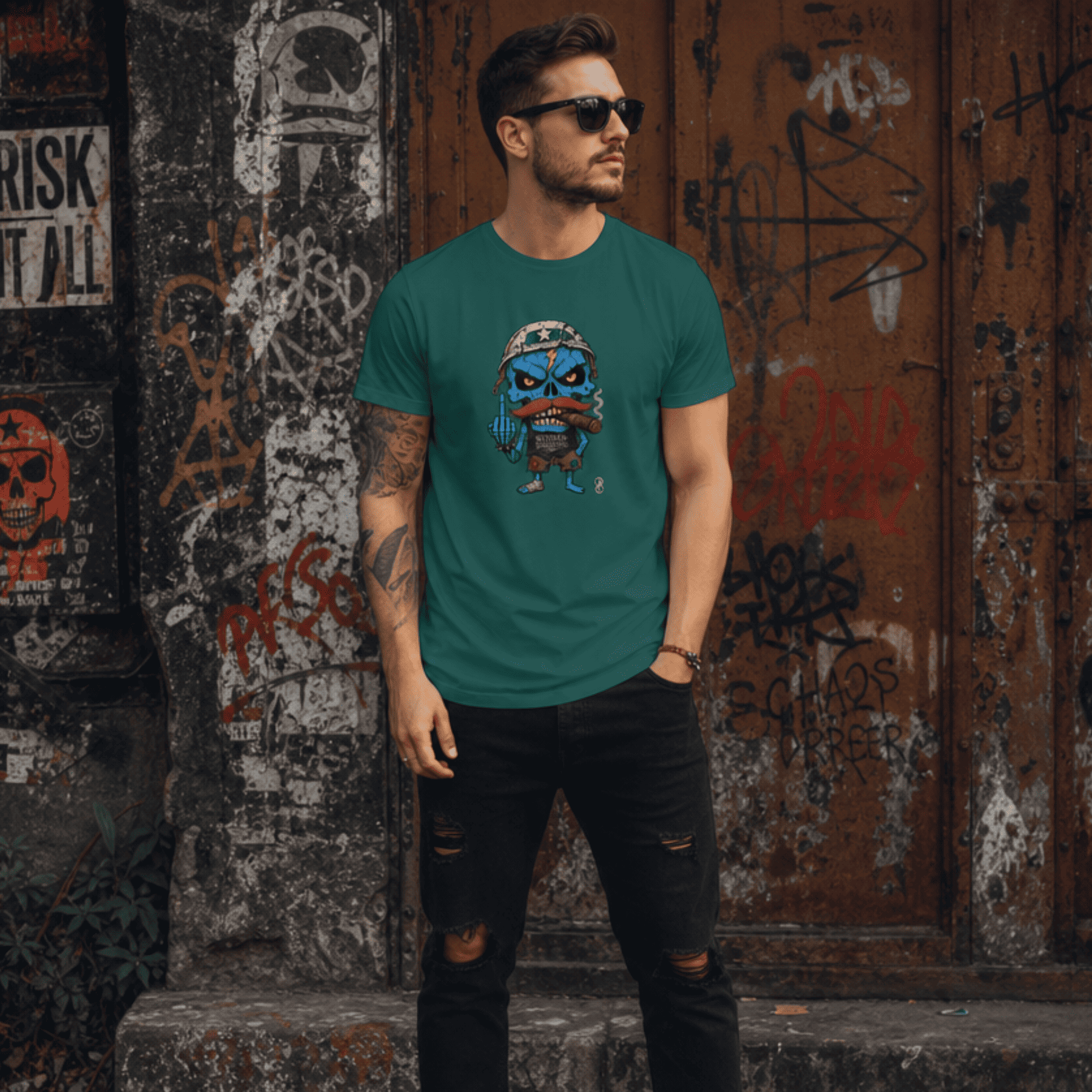 Man wearing a green t-shirt with a graphic design in front of a graffiti-covered wall.