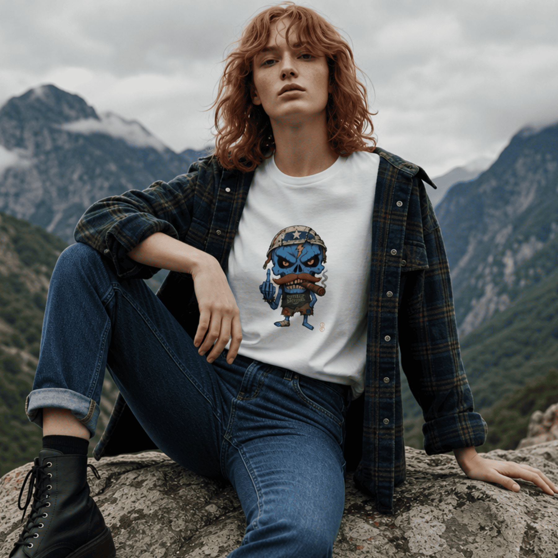 Person wearing a white t-shirt with a graphic design, sitting on a rock with mountains in the background