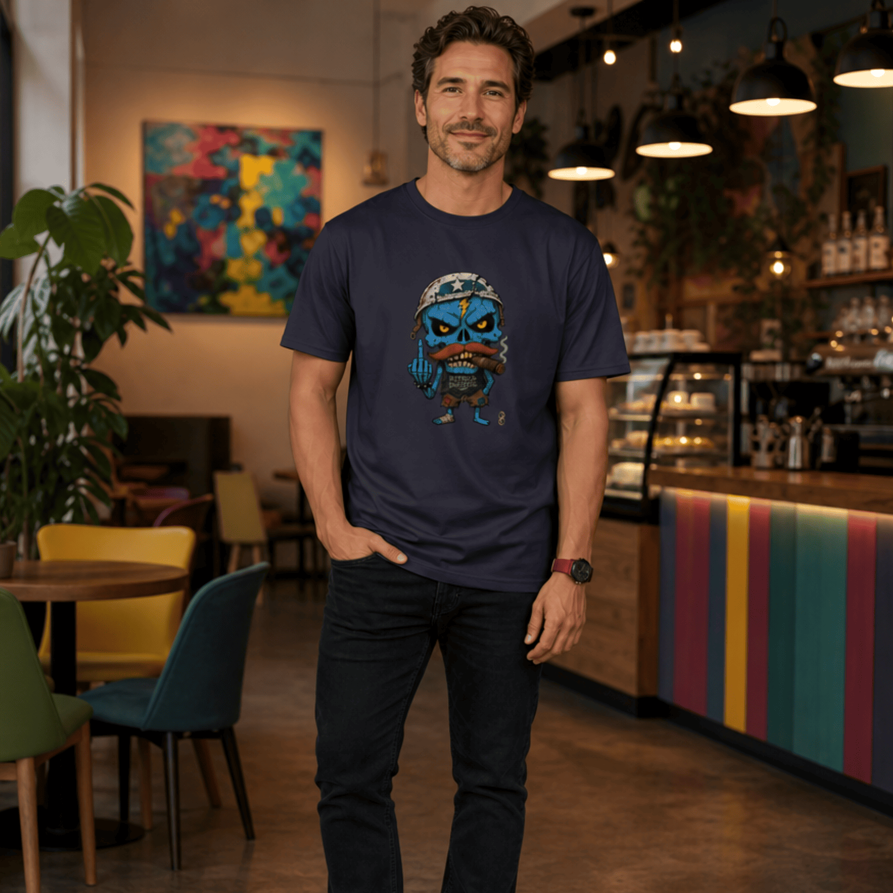 Man wearing a dark blue t-shirt with a graphic design in a cafe setting