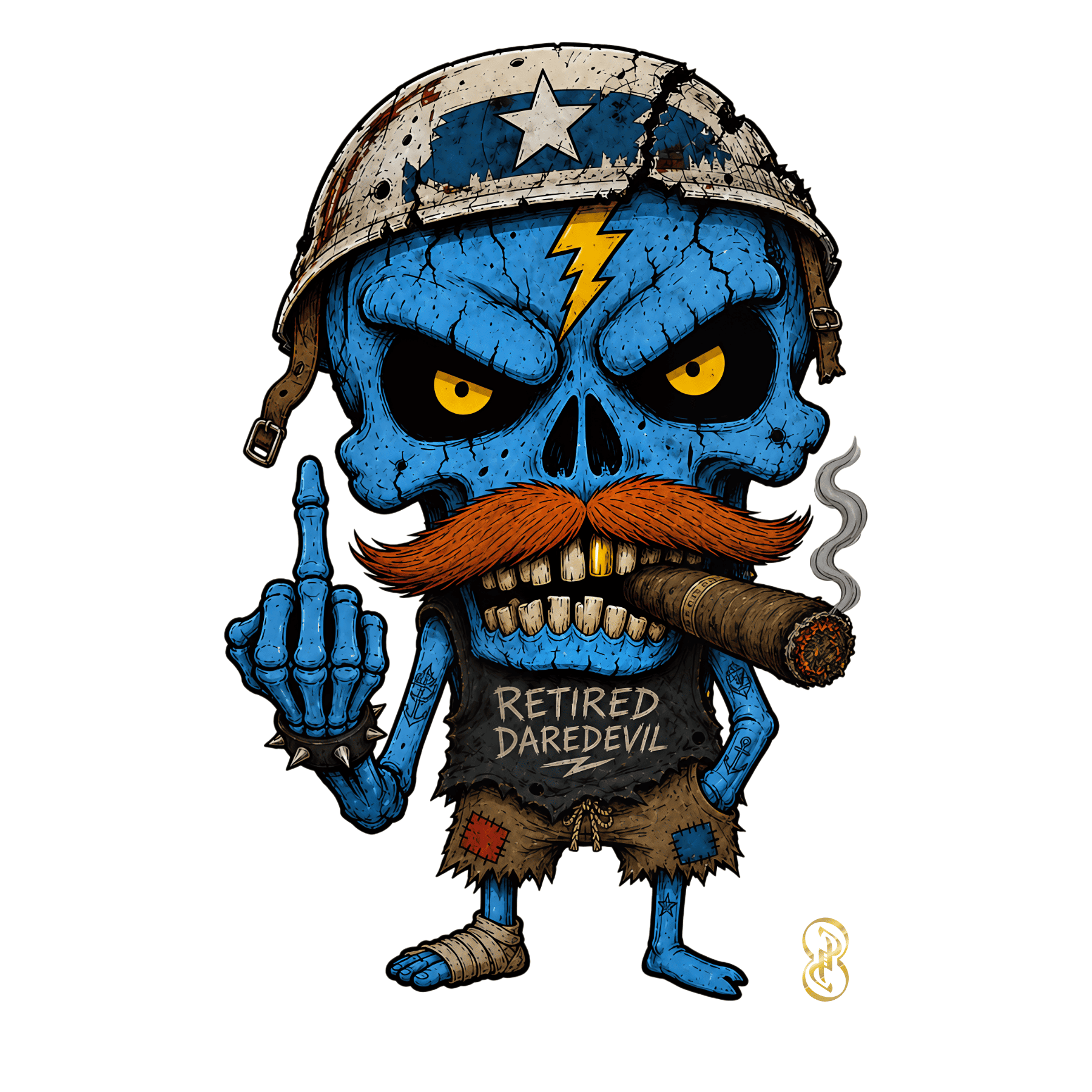Cartoonish blue-skinned character with a mustache, smoking a cigar, and giving a middle finger, wearing a helmet with a star emblem.
