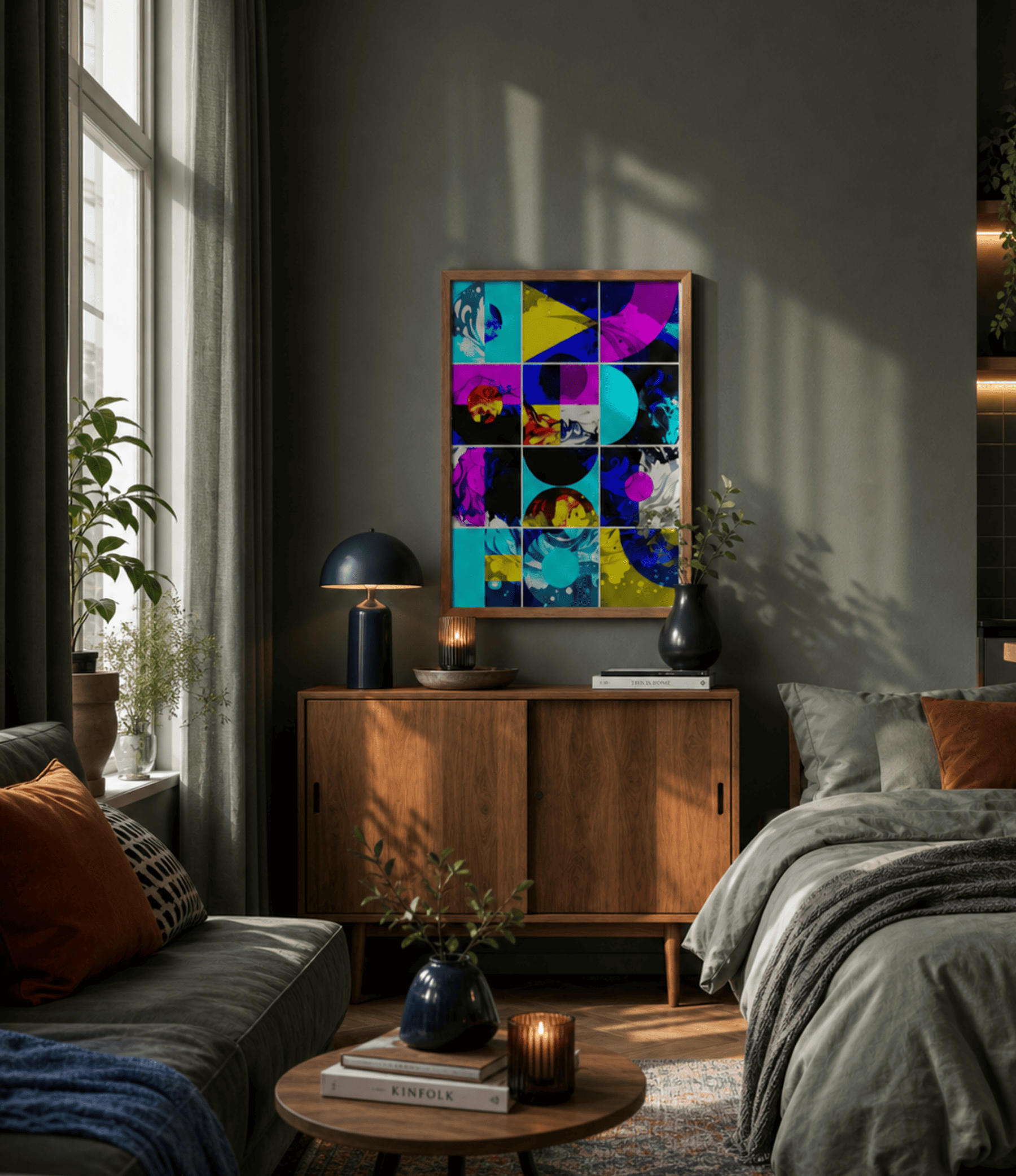 A colourful abstract art print in a 4x4 grid with vibrant geometric shapes, displayed on a wooden cabinet in a modern, sunlit bedroom.