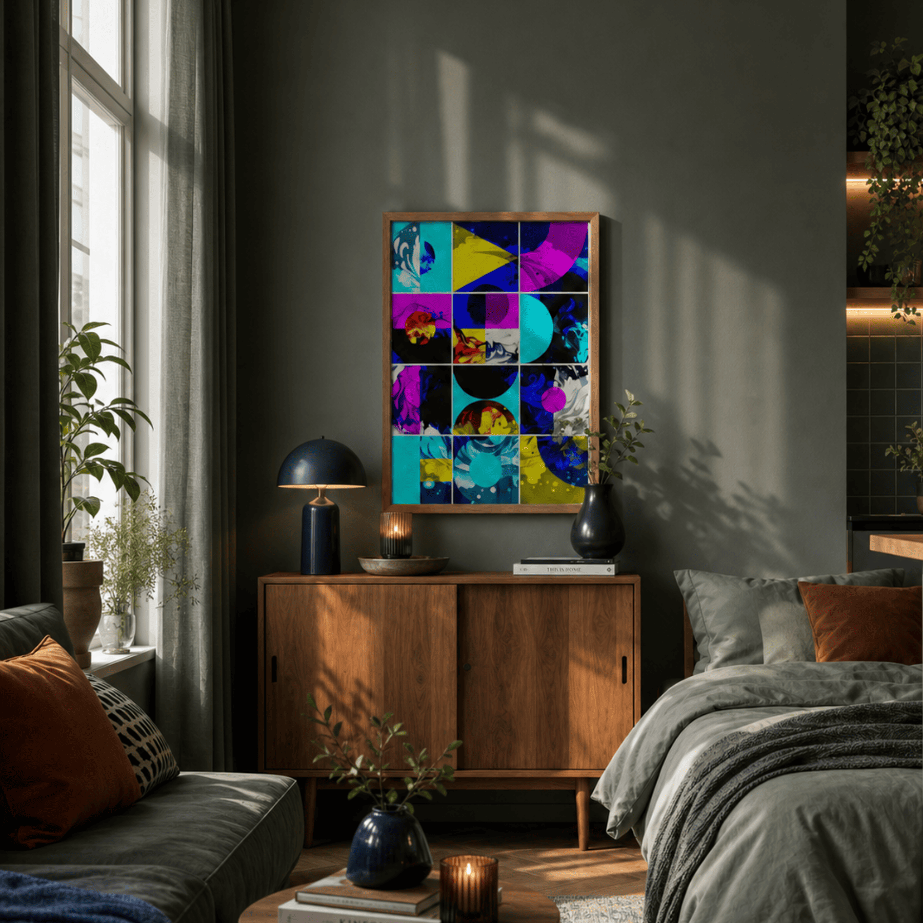 A framed abstract art print with a 3x3 grid of bright, contrasting geometric and organic shapes in cyan, magenta, yellow, black, and purple, displayed on a light grey wall in a modern, stylishly decorated living room.