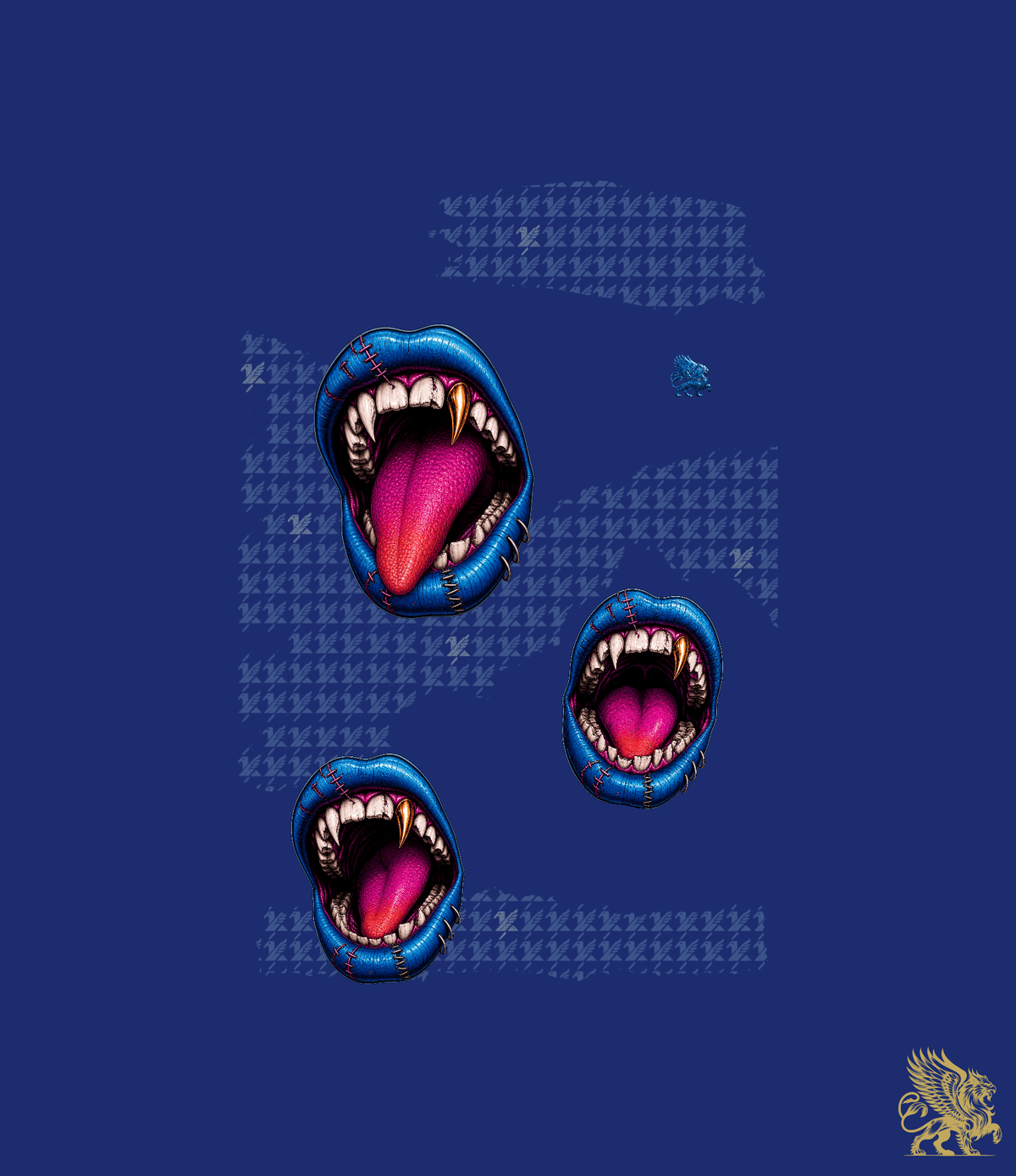 A graphic design featuring three stylized open mouths with sharp teeth and pink tongues, arranged on a dark blue background with a faint grid pattern and a small gold lion emblem in the bottom right corner.