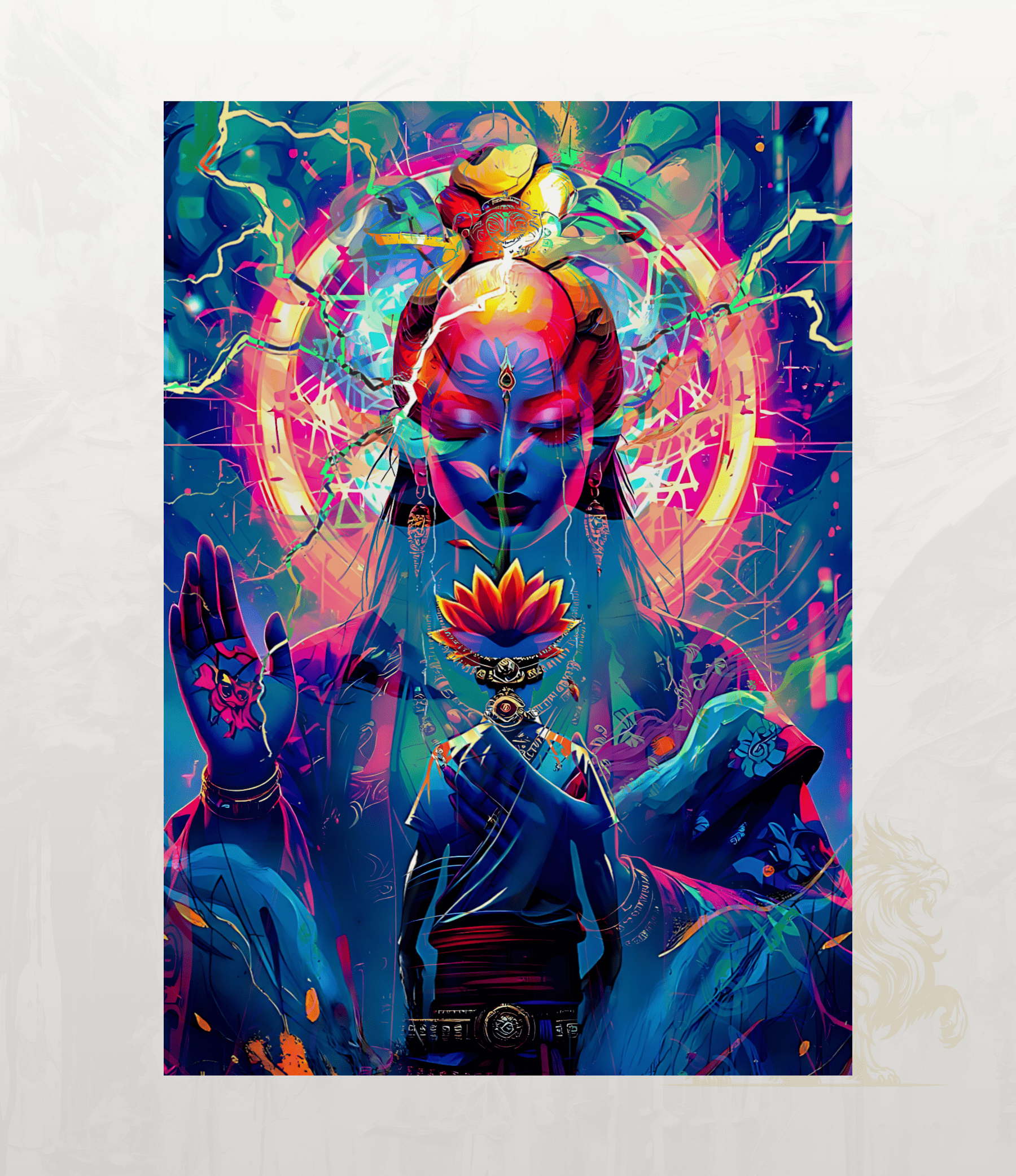 A vibrant, psychedelic art print featuring a central figure with a lotus flower at the chest, surrounded by neon lightning, circular mandala-like patterns, and bright multi-coloured energy effects, displayed against a light textured background.