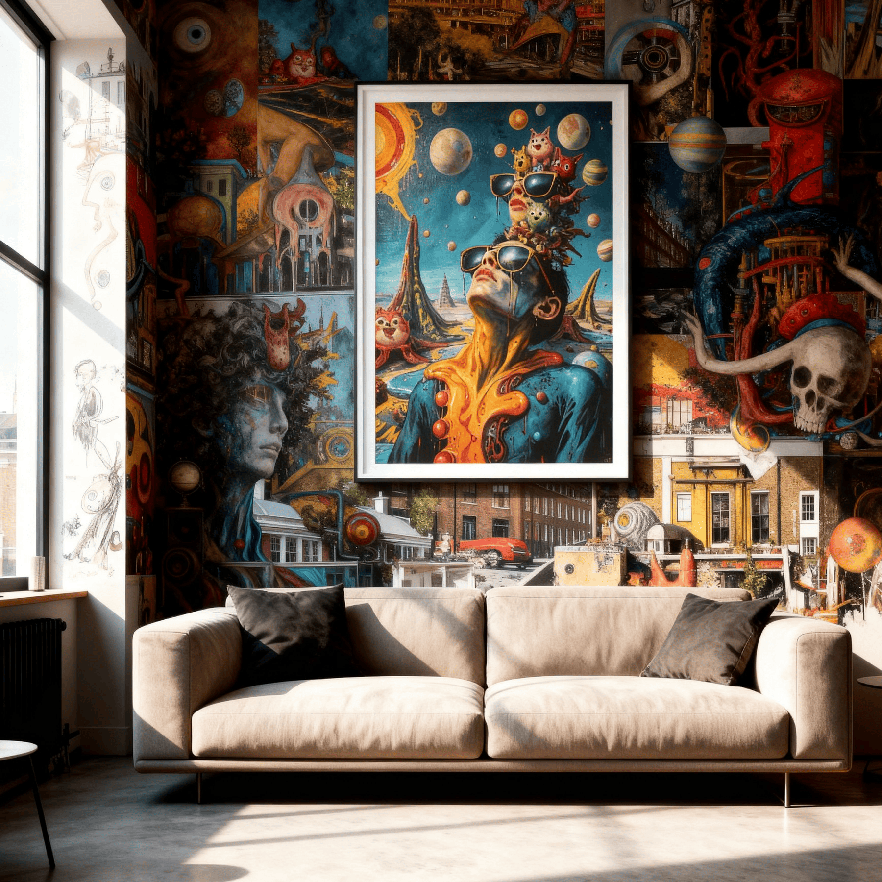 Colorful abstract art piece on a wall above a beige sofa in a room with large windows.
