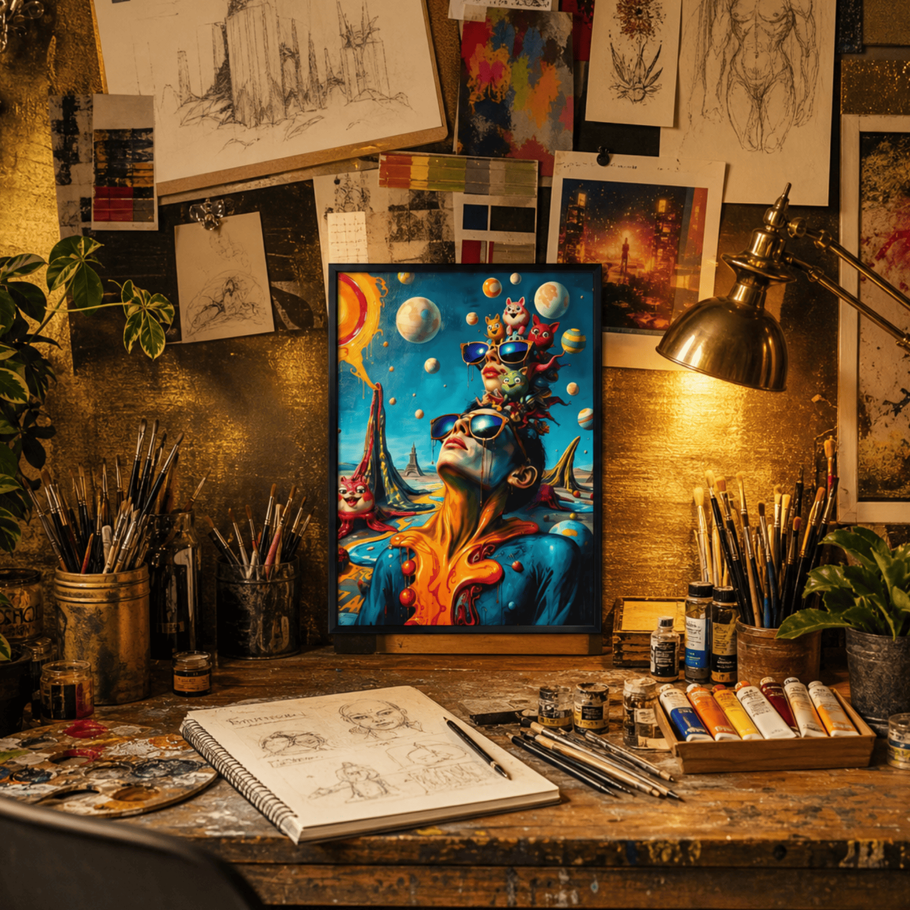 Artistic workspace with a colourful painting, sketches, and art supplies on a wooden table.