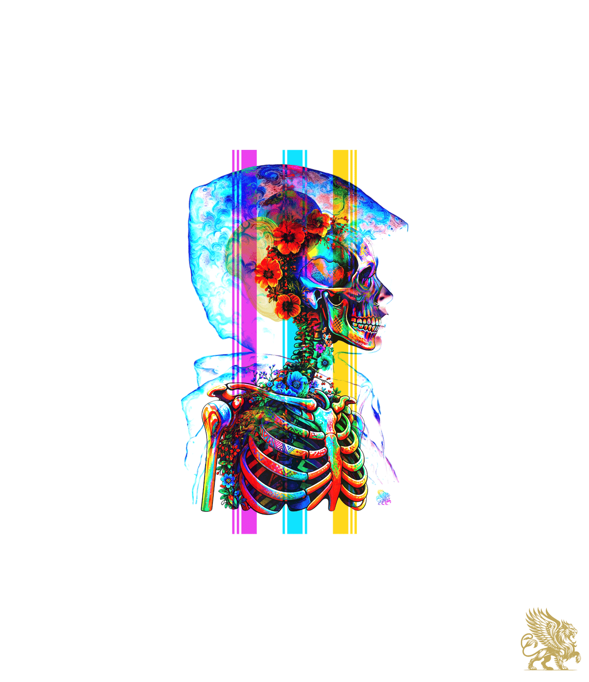 A colourful digital graphic of a human skeleton in profile, filled with floral and abstract patterns, set against a plain white background with vertical neon colour bars behind it.