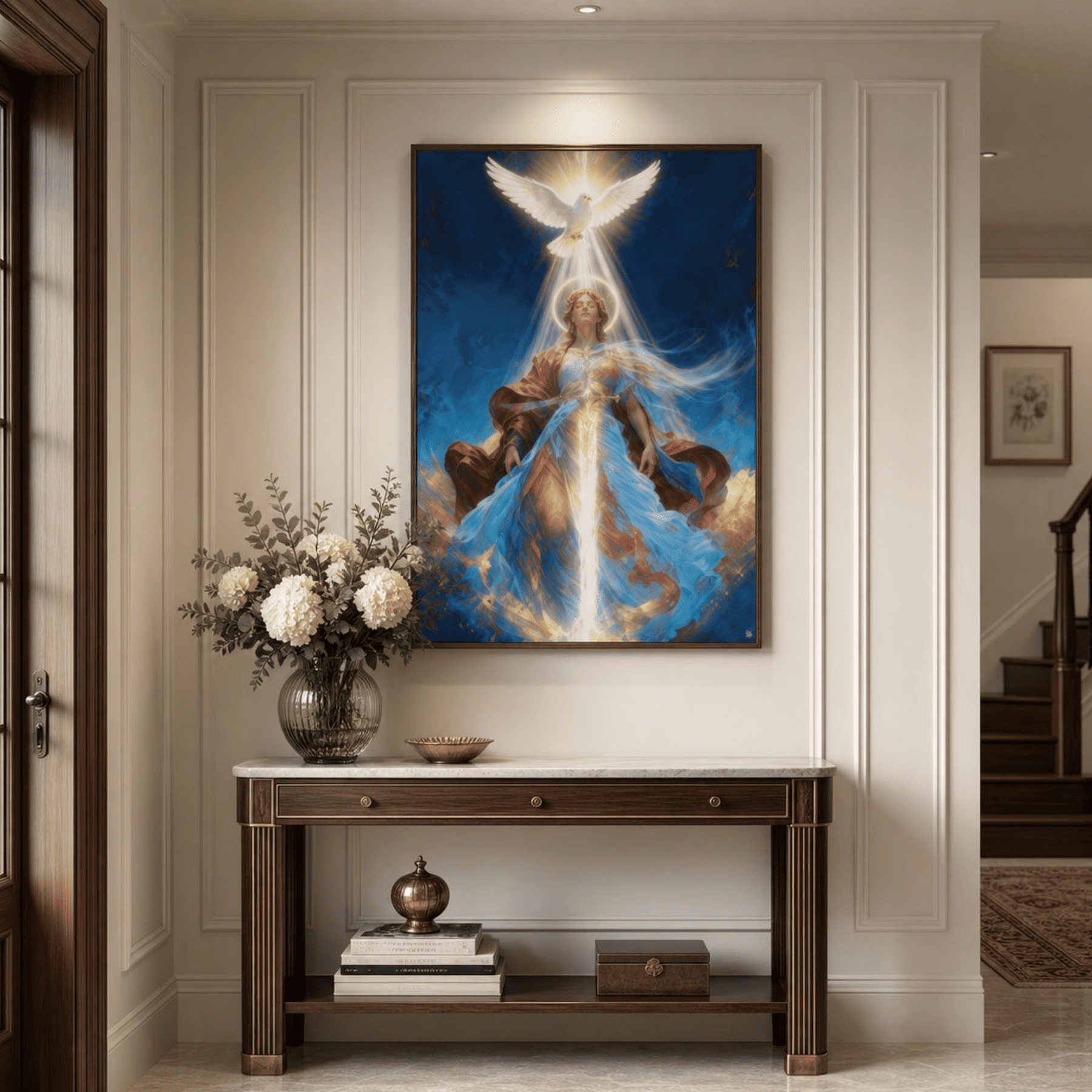 Image of art work in a hall way. The picture is showing Mary being visited by the Holy Spirit