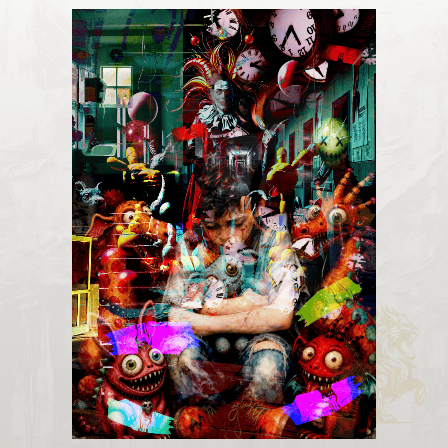 A highly detailed, colourful surreal collage artwork featuring a seated figure surrounded by floating clocks, monsters, paint splatters, and abstract elements, presented as a vertical art print against a light textured background.