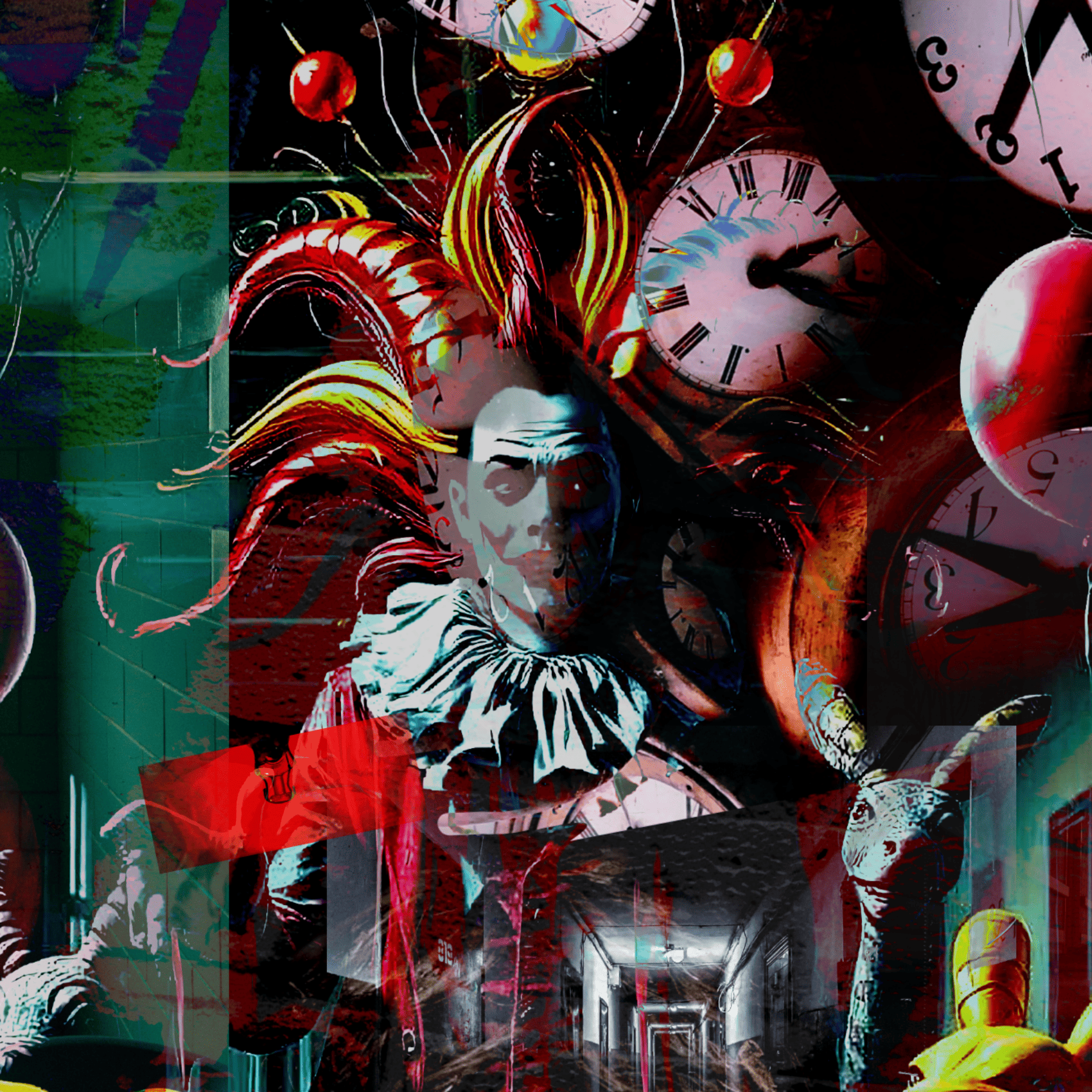 A surreal collage-style artwork featuring a clown-like figure with a large red and yellow jester hat, multiple clock faces, distorted hands, and dark abstract background elements.