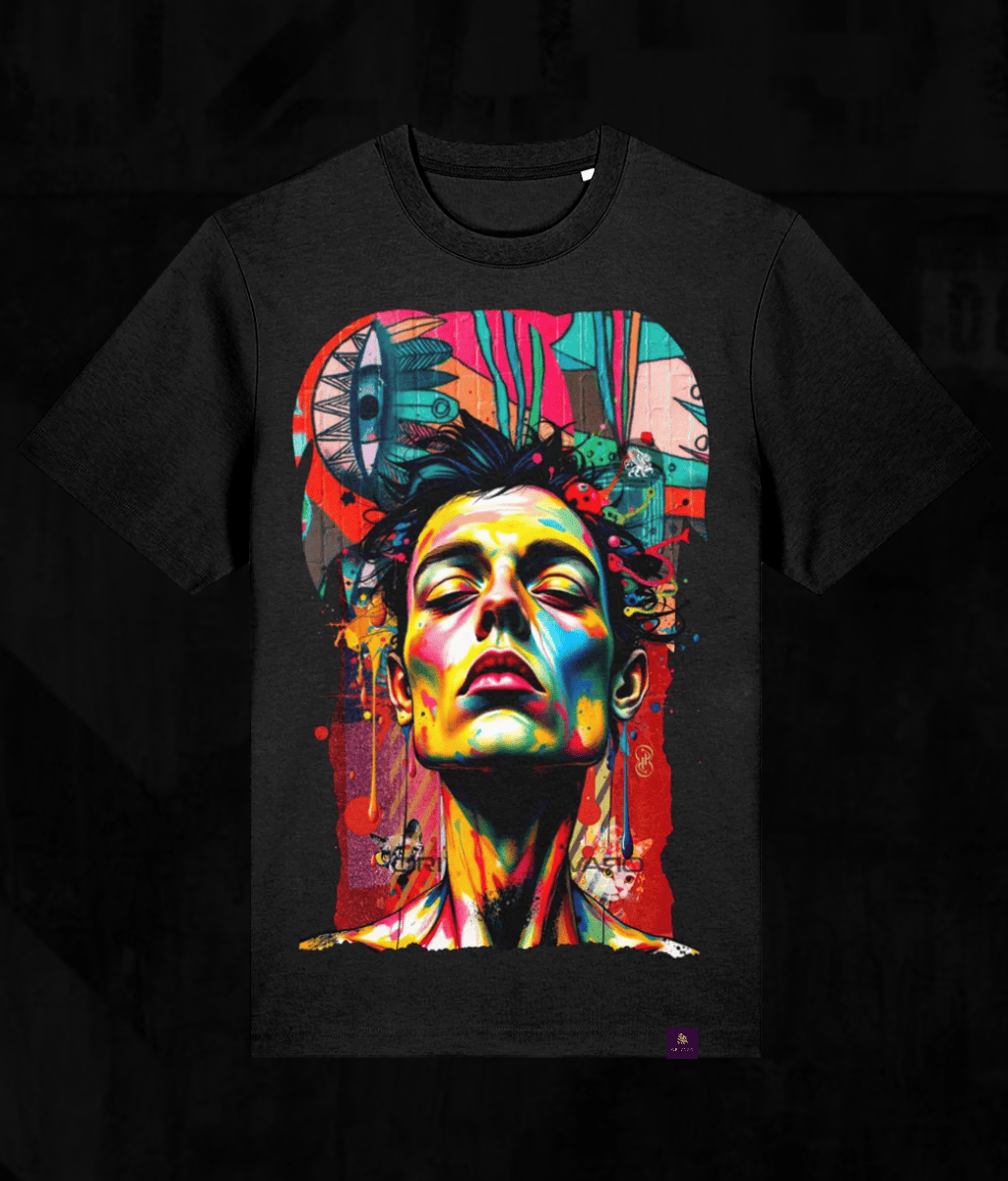 A black short-sleeve crewneck t-shirt featuring a large, vibrant pop-art graphic print of a face with colourful neon paint splatters and abstract shapes in the background.