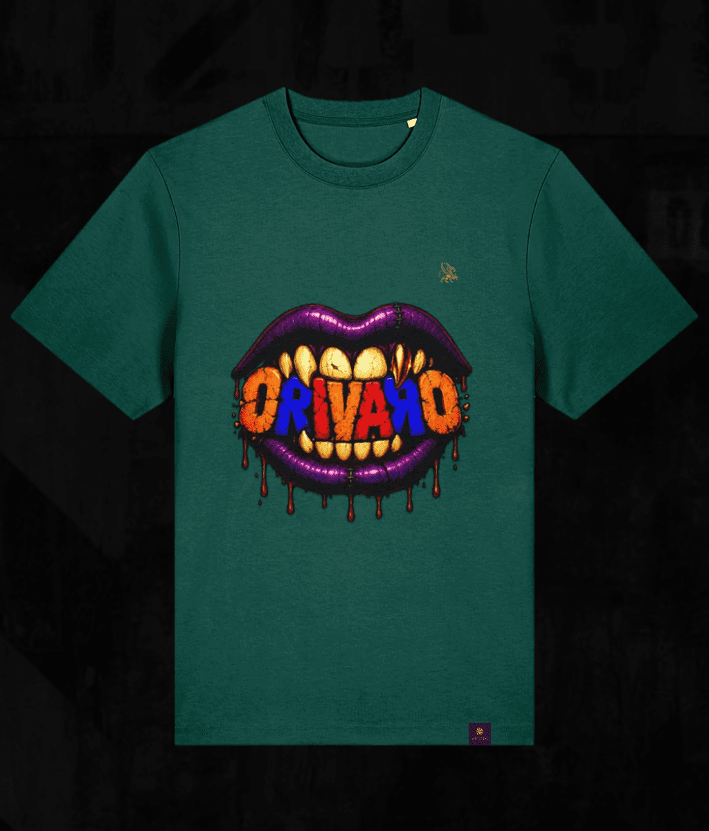 A dark green crewneck t-shirt featuring a graphic of dripping purple lips with yellow teeth and the word 'ORIVARO' written across them in orange, blue, and yellow letters, set against a dark background.
