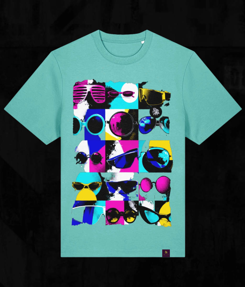 A short-sleeve crewneck t-shirt in a vibrant mint green, featuring a large graphic print of a colorful grid of various sunglasses in neon pink, yellow, blue, black, and white. The t-shirt is displayed flat against a dark, textured background.