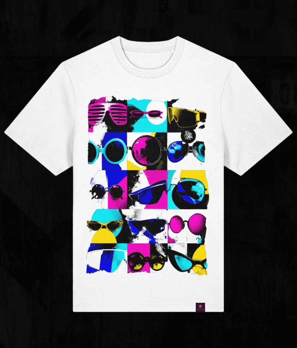 A white short-sleeve crewneck t-shirt featuring a colourful graphic print of various sunglasses arranged in a grid pattern. The graphic contains vibrant colours like pink, blue, yellow, and black.
