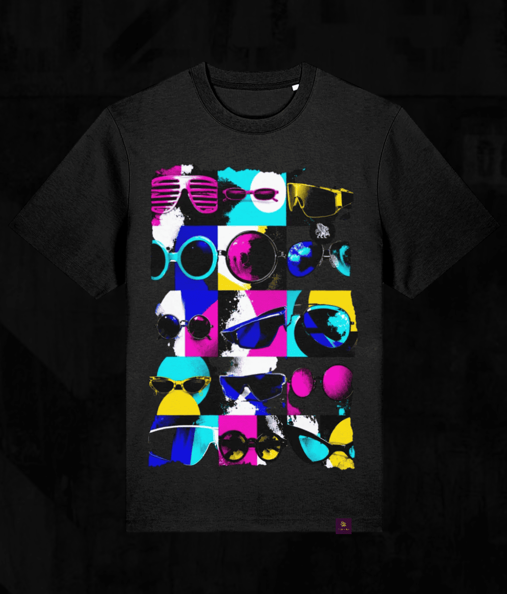 A black short-sleeve crewneck t-shirt featuring a colourful graphic print of various sunglasses arranged in a grid pattern. The print contains vibrant shades of pink, blue, yellow, and white.