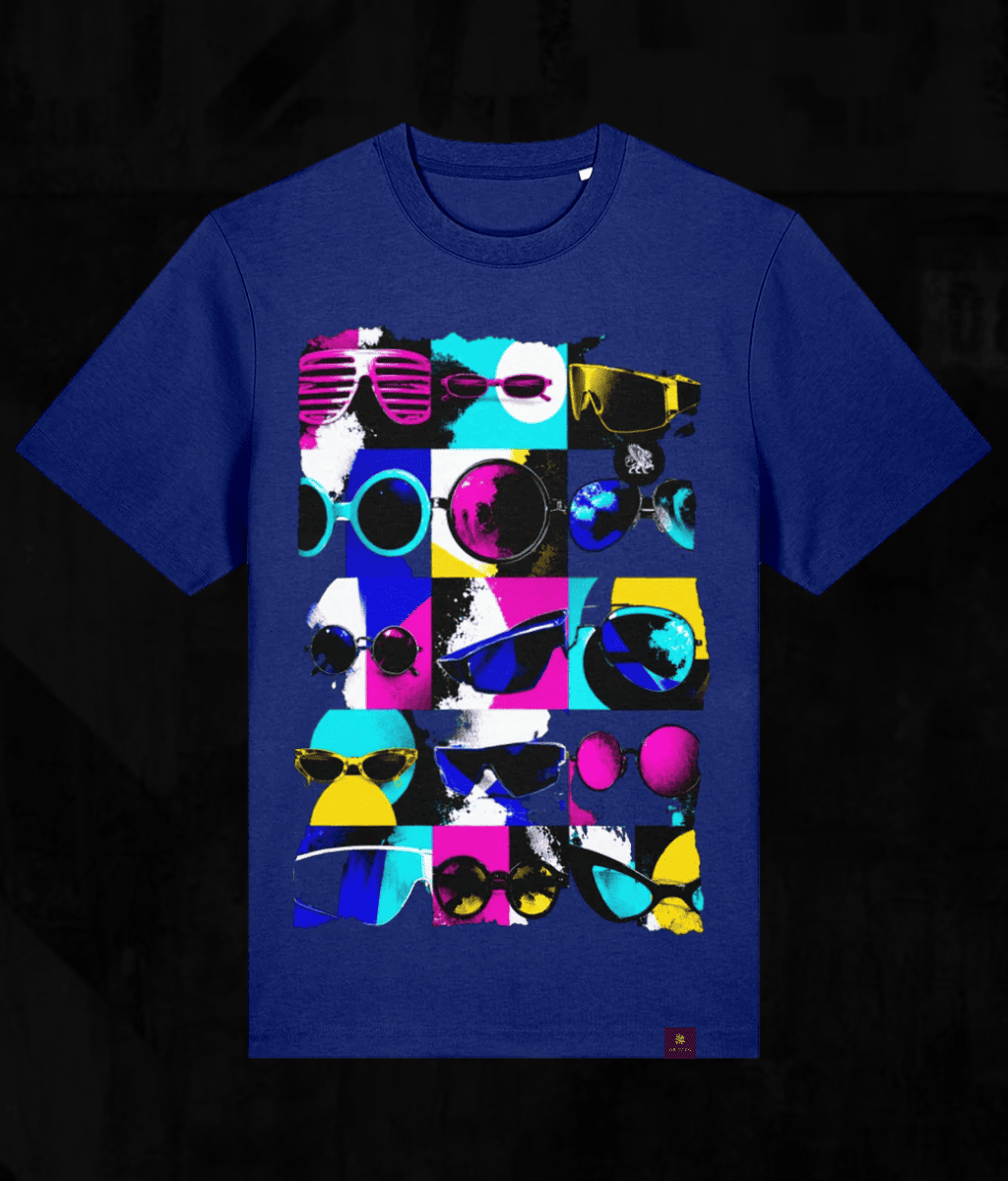 A royal blue short-sleeve t-shirt with a colourful graphic print of various sunglasses arranged in a grid pattern, set against a dark textured background.