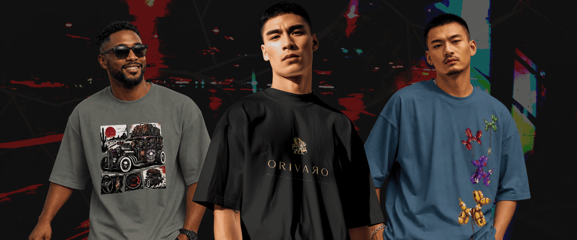 Three men wearing different t-shirts with visible branding against a dark background