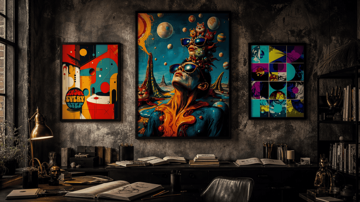 Three colourful abstract art prints hang on a textured dark wall, illuminated by warm desk lamps.