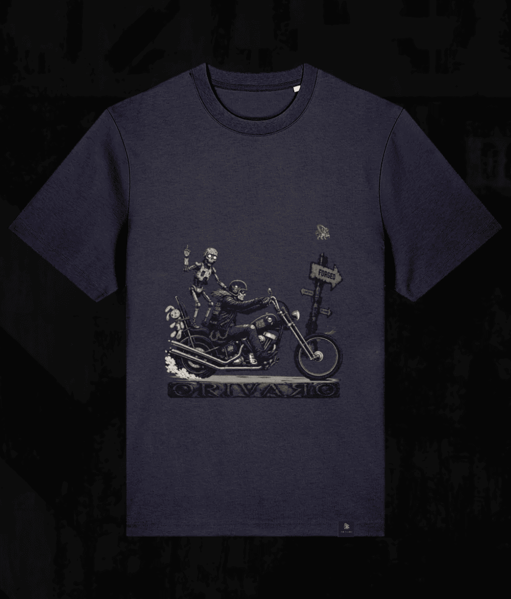 A dark navy blue short-sleeve t-shirt with a detailed graphic print of a skeleton riding a motorcycle, displayed against a dark textured background.