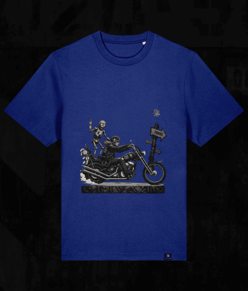 A royal blue short-sleeve crewneck t-shirt featuring a detailed black and white graphic print of a skeleton riding a motorcycle with a bird perched on the handlebar, displayed against a dark textured background.