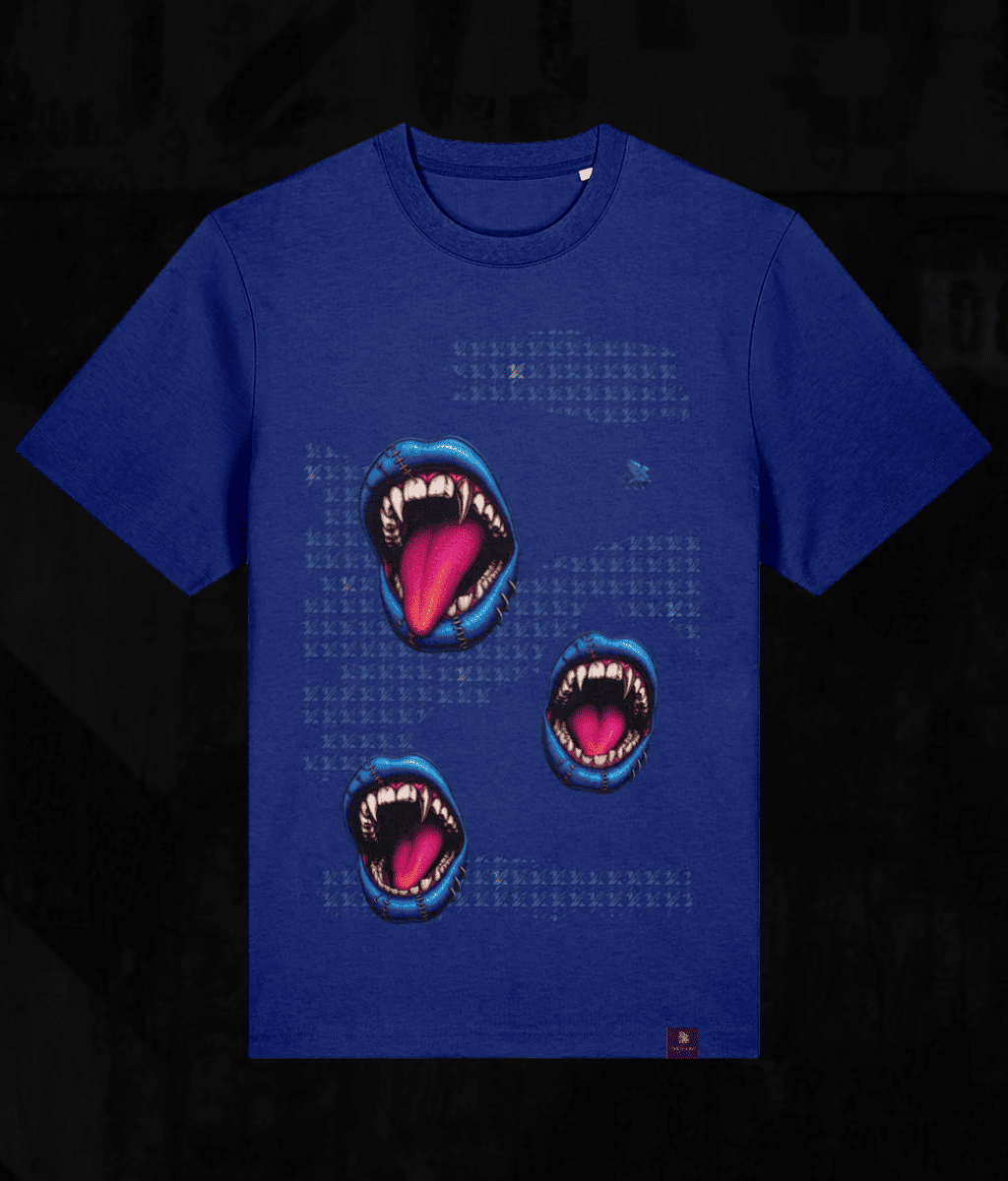A royal blue short-sleeve t-shirt with a graphic print of three open mouths with sharp teeth and pink tongues, set against a dark background with subtle grid patterns.