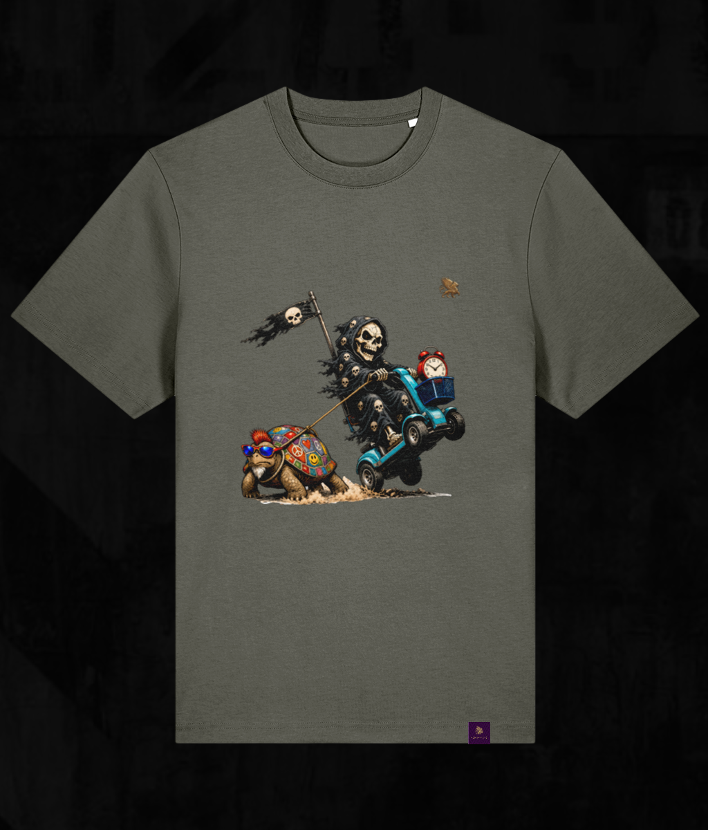 A dark olive green crewneck t-shirt featuring a detailed graphic print of a gothic skeleton knight on a blue cart, accompanied by a turtle and a skull on a flag, displayed against a dark textured background.