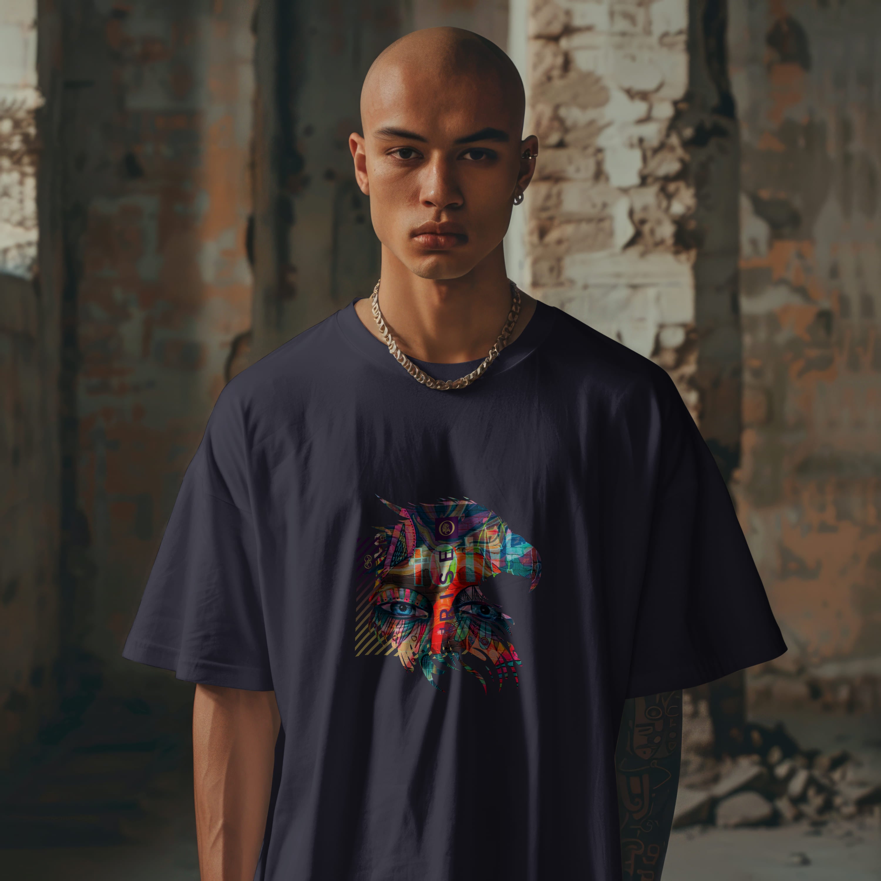 Man wearing a dark t-shirt with a colorful graphic design in an urban setting