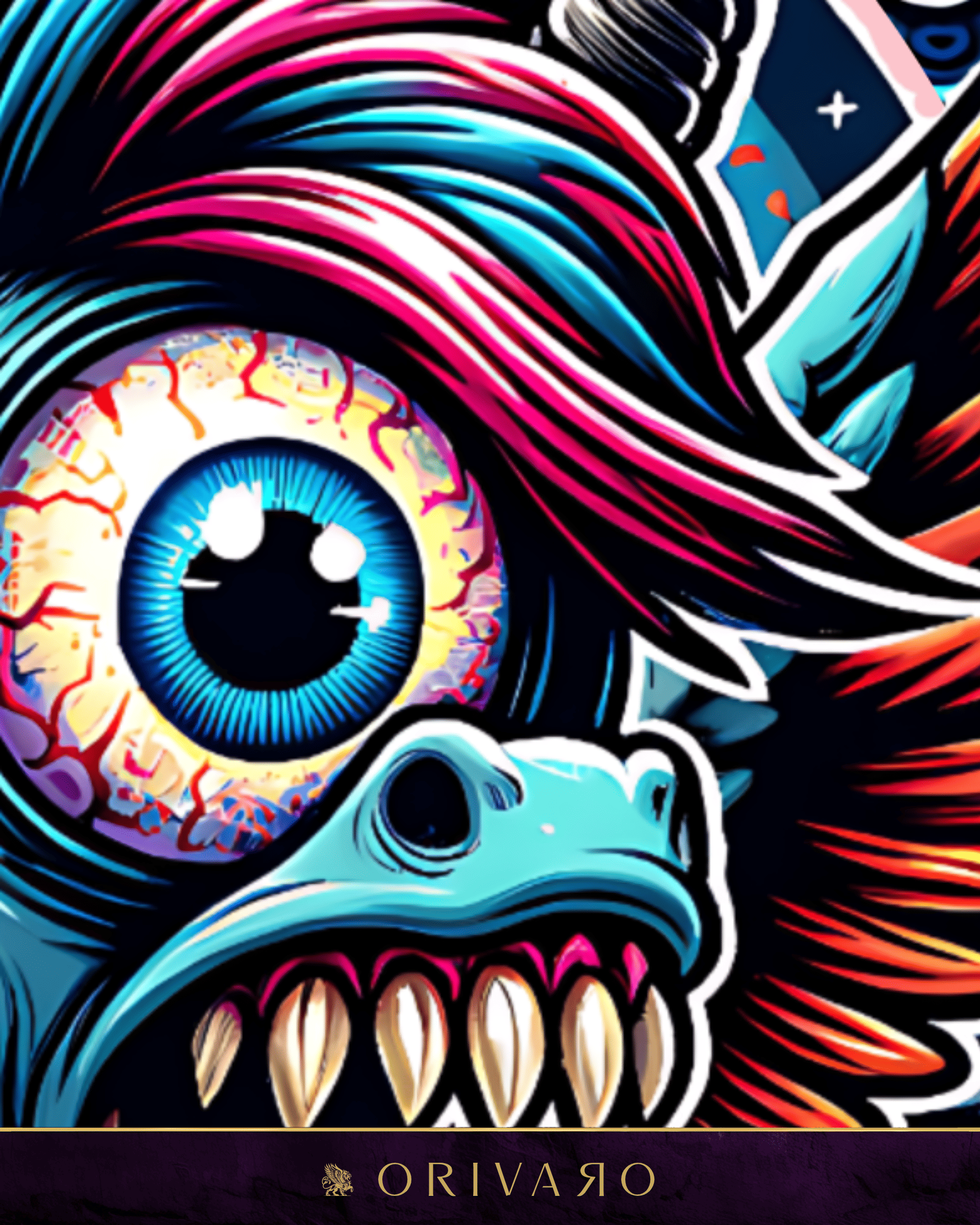 A giant cyclopean creature with a single glowing eye sits meditating on a rooftop, neon city below, rain falling, deep atmospheric glow.