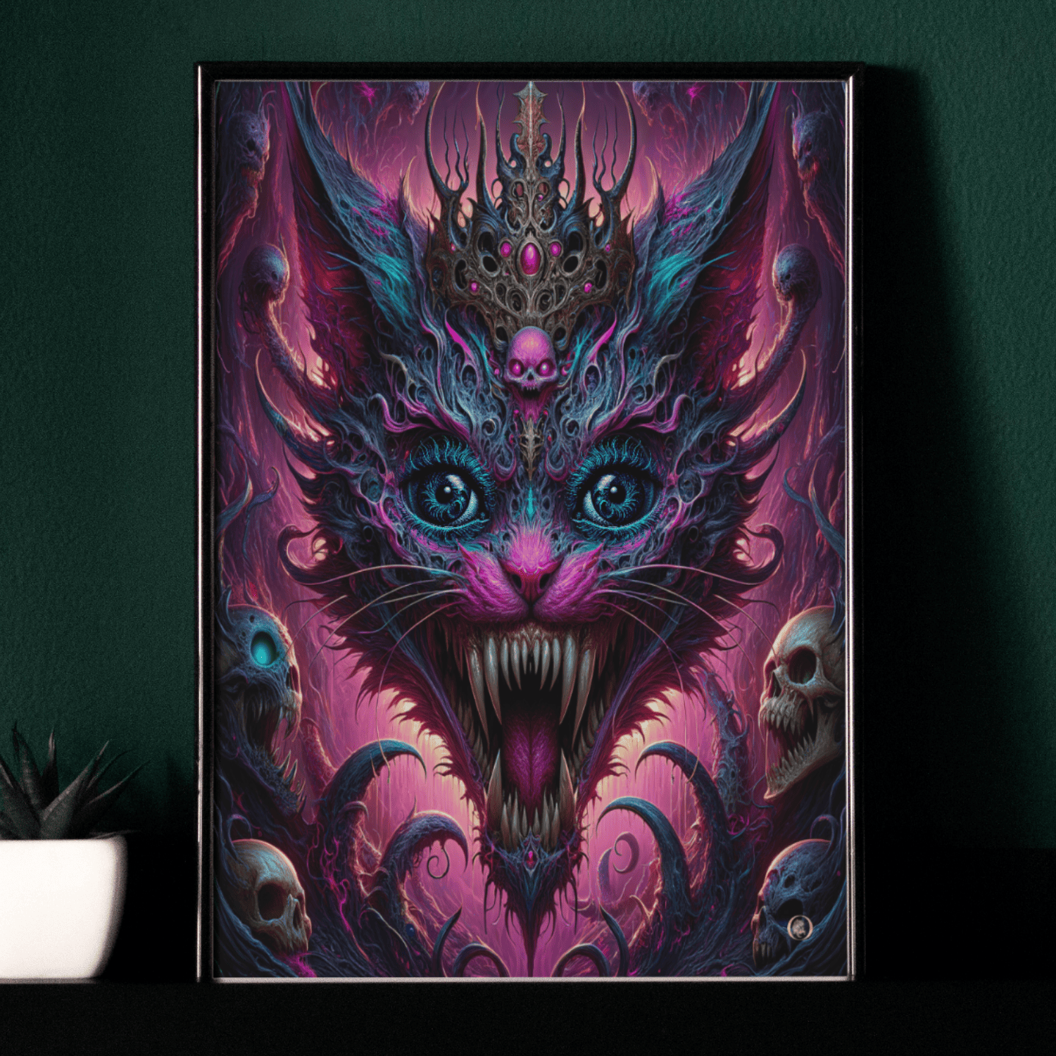 Framed artwork of a fantastical creature with vibrant colors on a dark green wall.