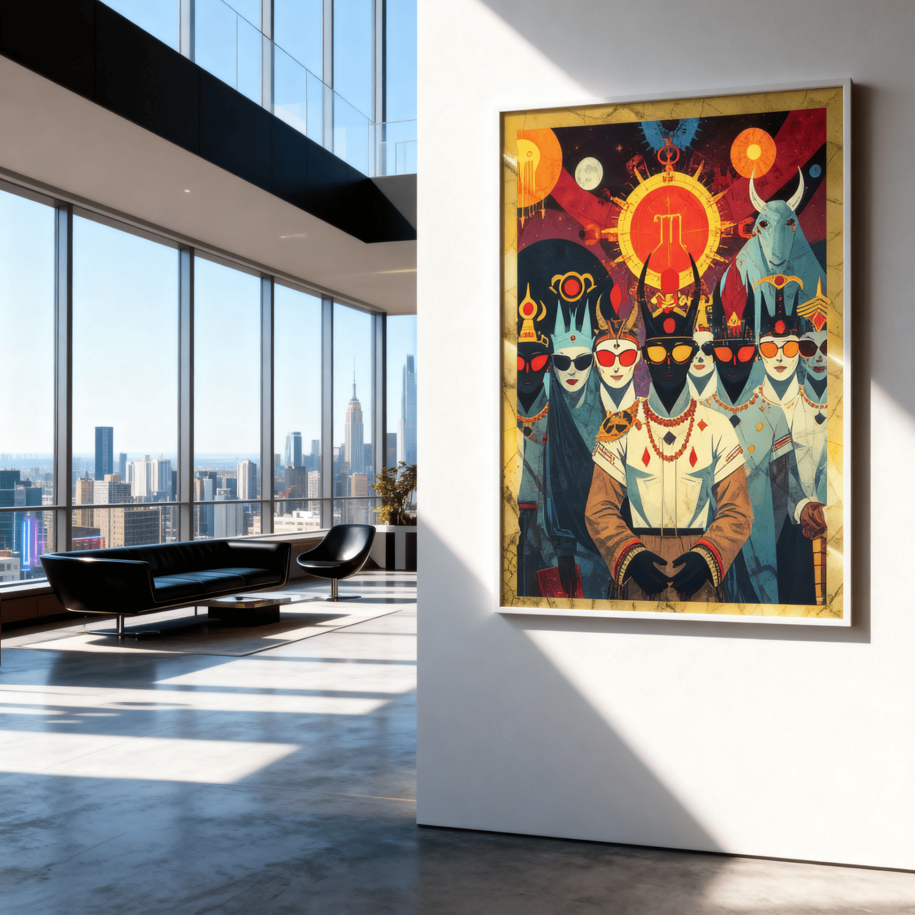 Colorful artwork of deities with a zodiac symbol in a modern room with city view