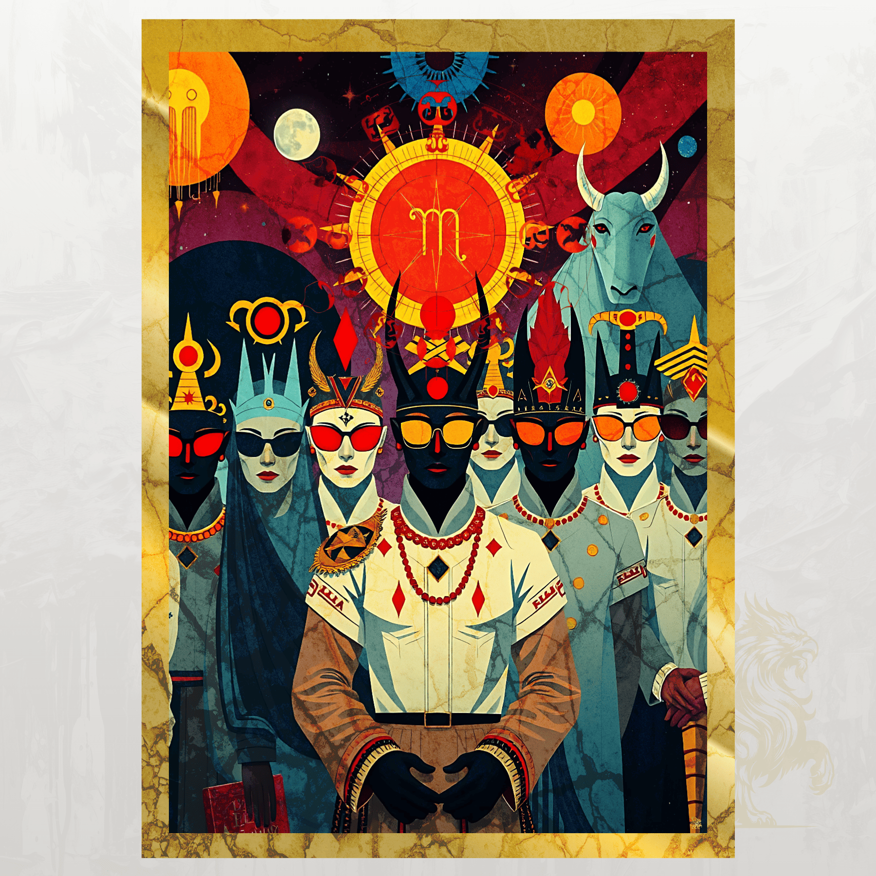 Colorful illustration of people with zodiac symbols and celestial elements on a textured background