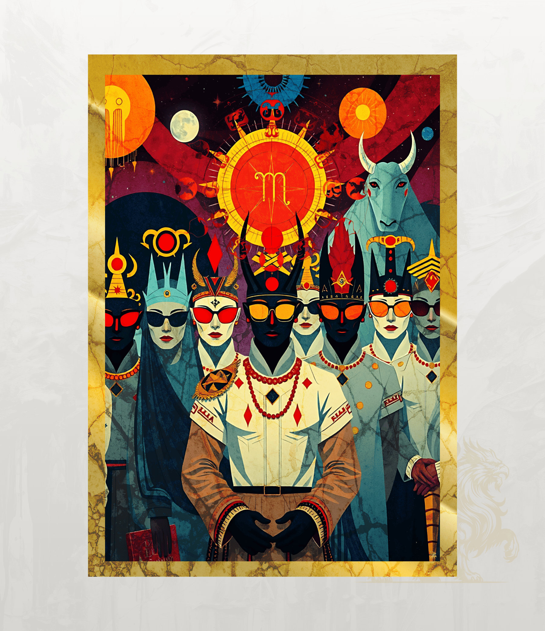 A stylized art print featuring multiple zodiac-themed figures in ornate clothing and masks, with celestial symbols and a large central sun motif. The artwork is framed by a textured gold border and shown against a light neutral background.