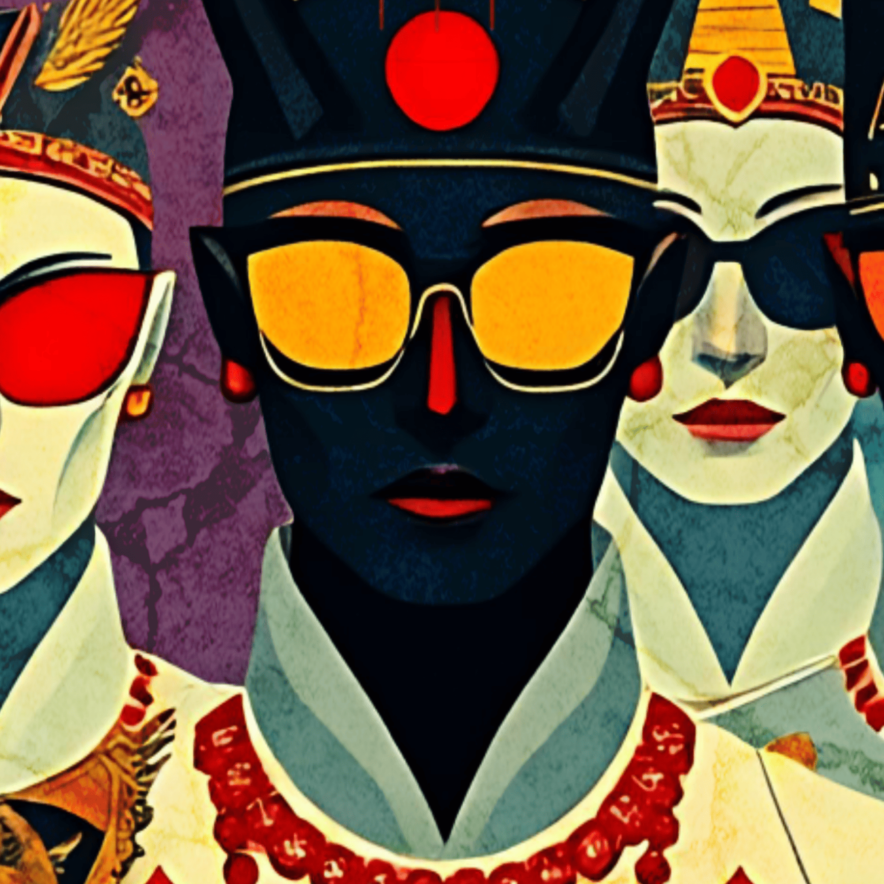 Artistic depiction of a person wearing sunglasses with Egyptian-style headdresses and jewelry.