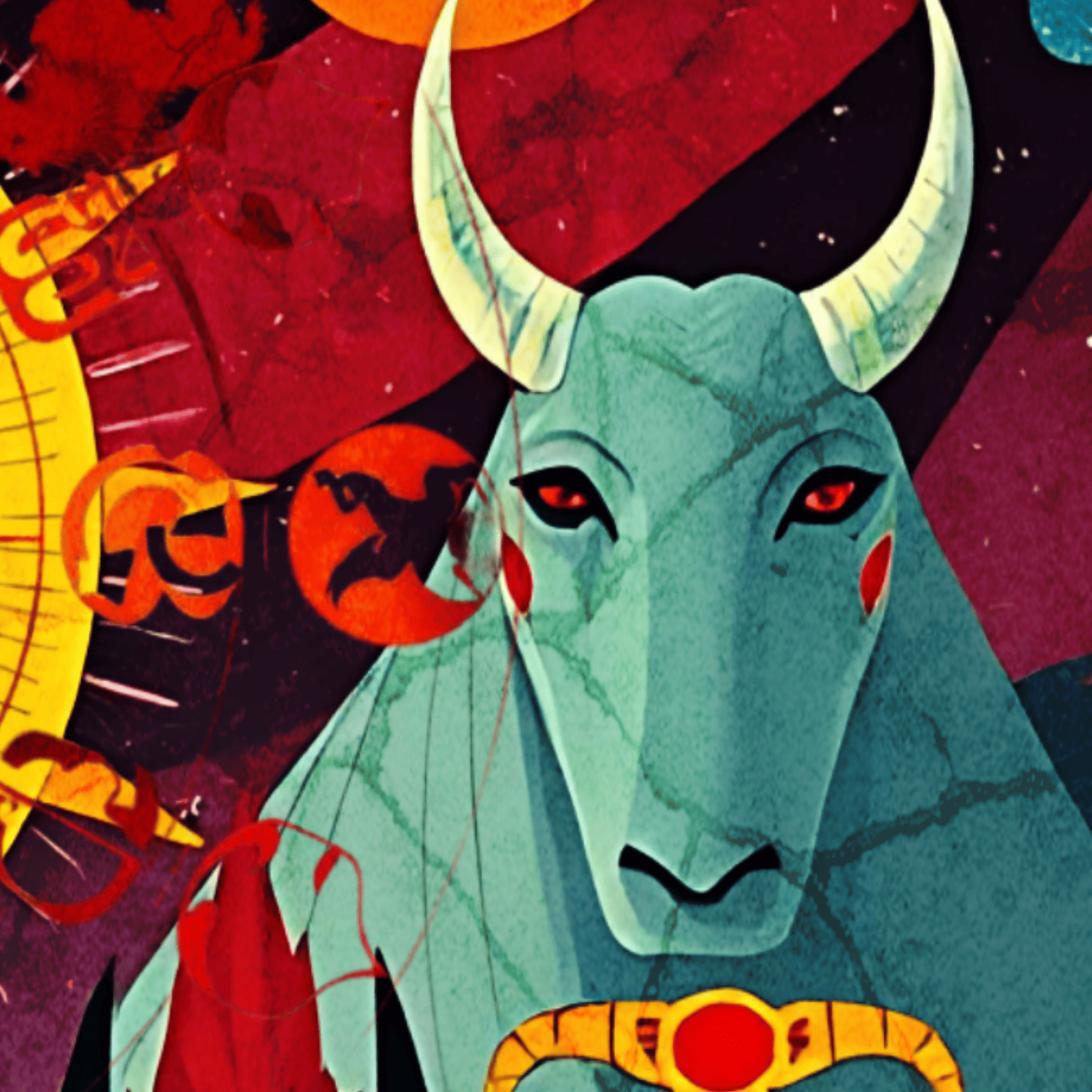 Colorful illustration of a bull with red eyes and a starry sky background