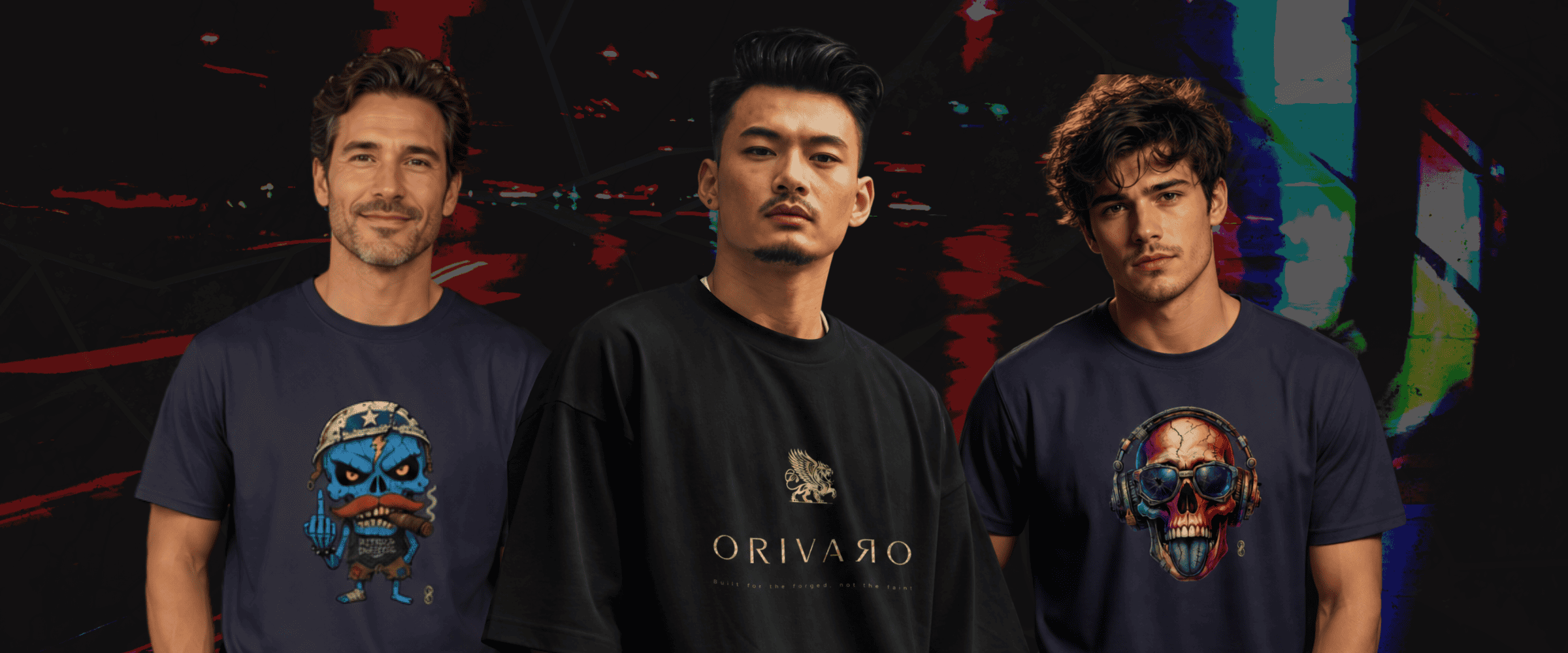 Three men wearing t-shirts with graphic designs and brand names against a dark background.