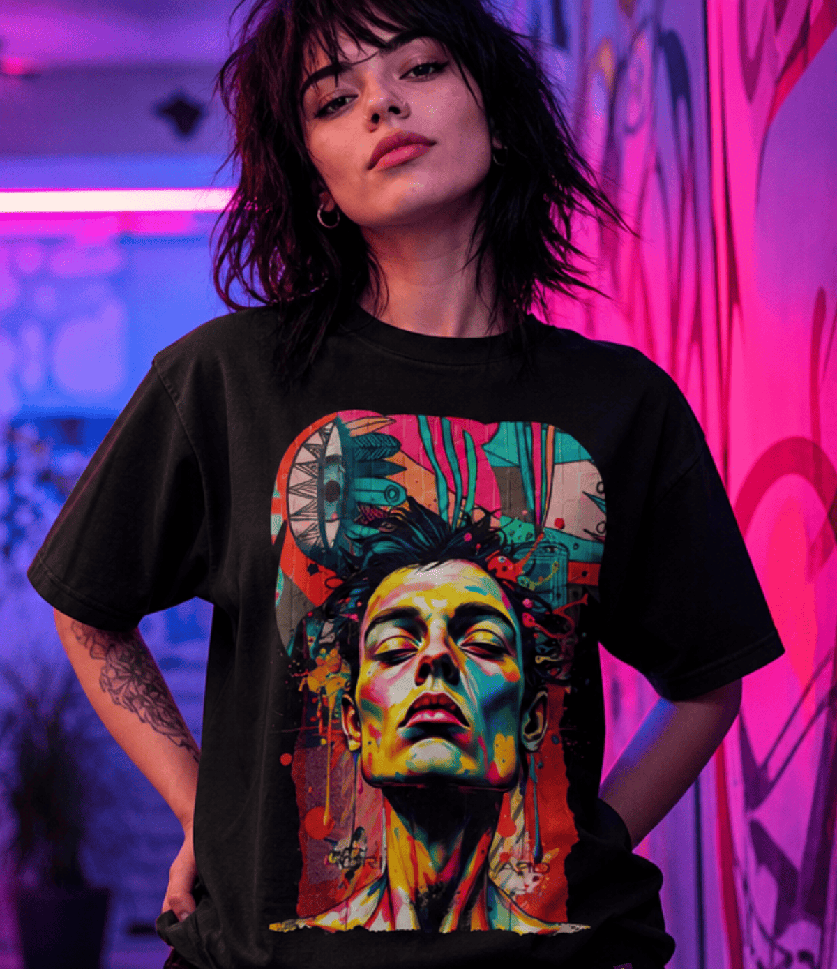 A model wearing a black graphic t-shirt with a colourful, vibrant pop-art portrait print on the front, set against a graffiti wall with pink and purple neon lighting.